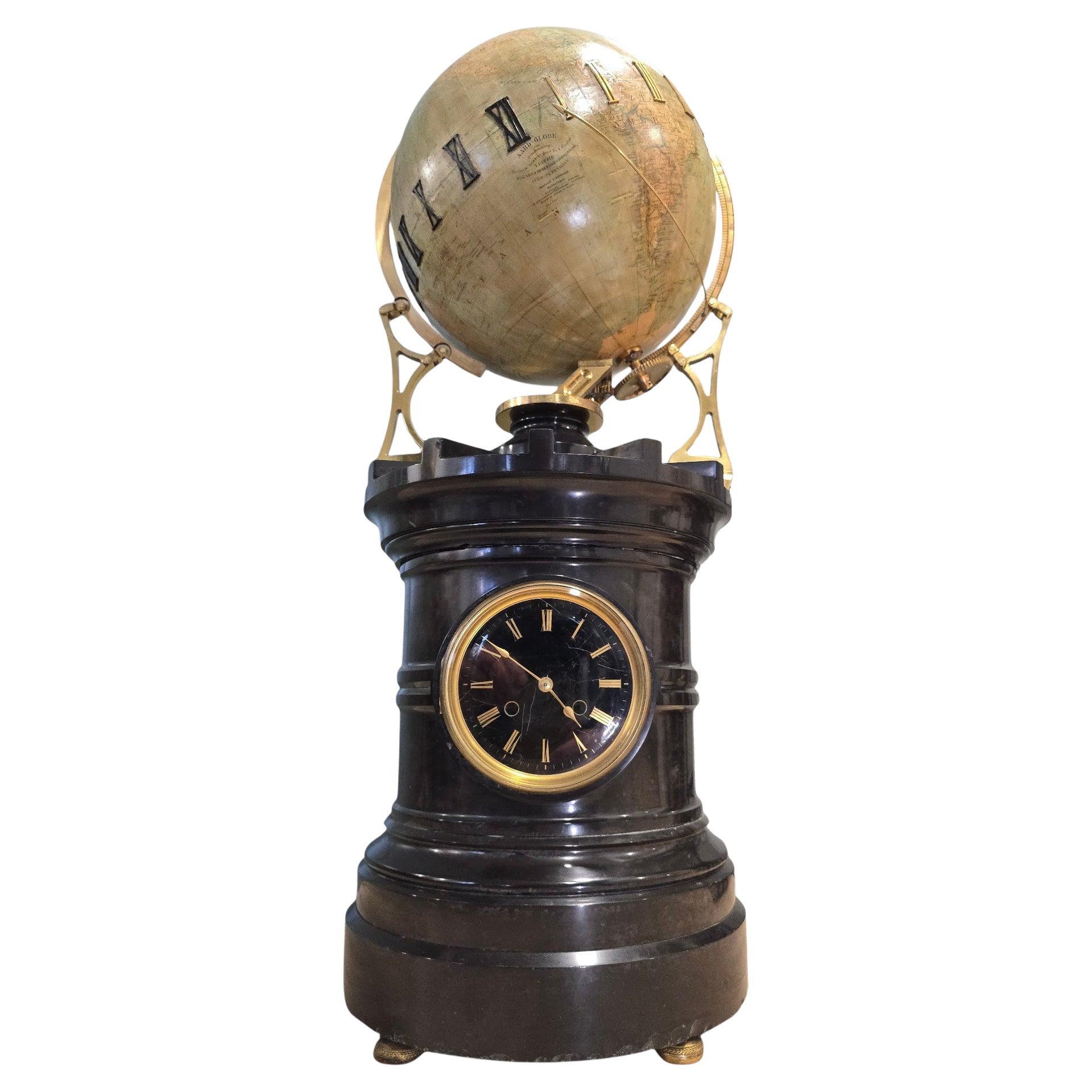 Excepcional Reloj Globo Terrestre Giratorio del Siglo XIX orrería tellurio
