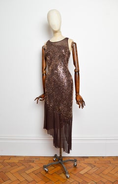 Exceptional 2000’s Bias Cut Hand Beaded Chocolate Brown Silk Evening Dress