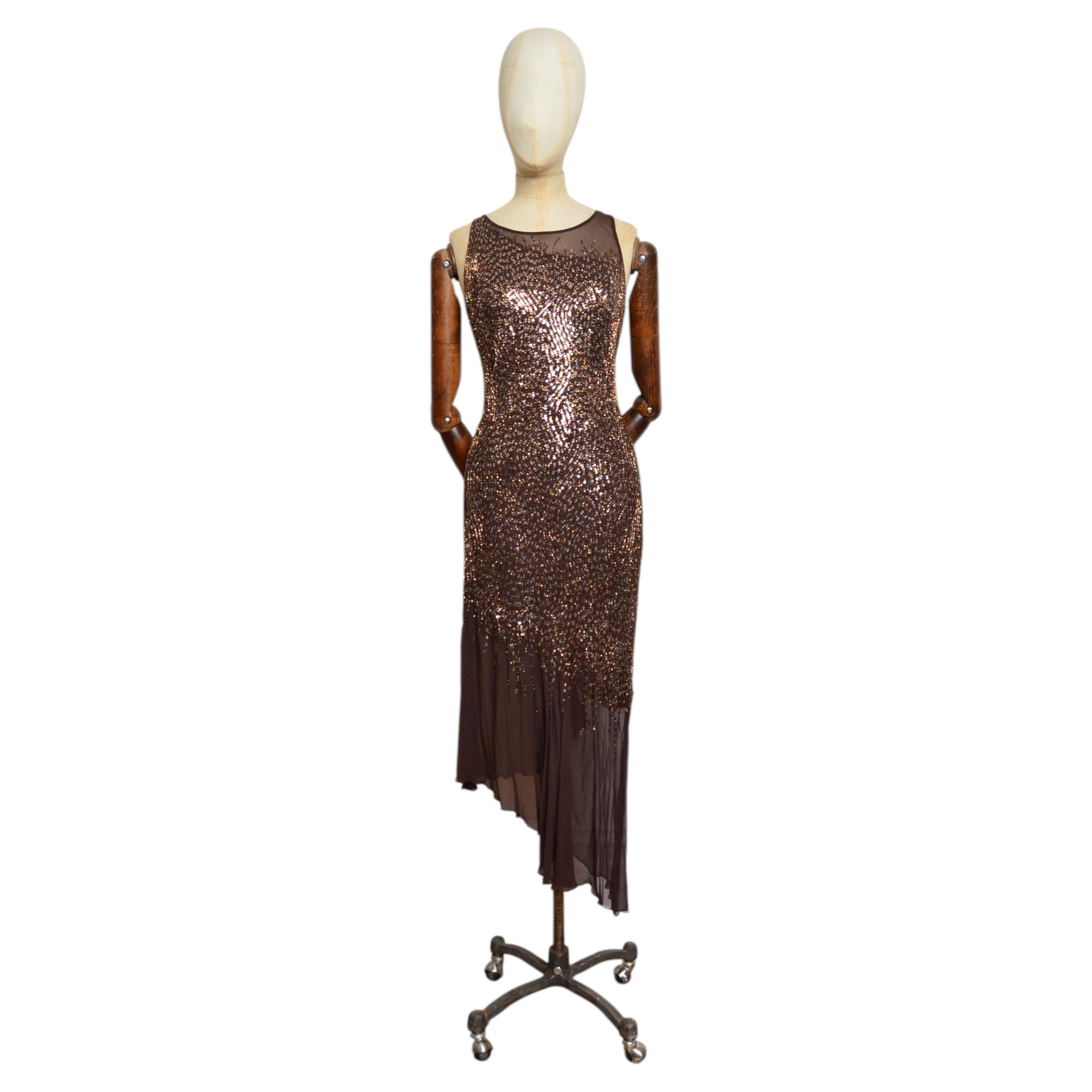Exceptional 2000’s Bias Cut Hand Beaded Chocolate Brown Silk Evening Dress