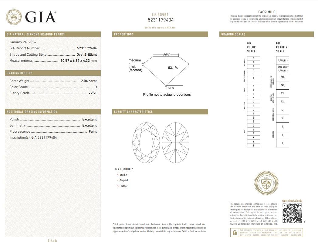 Exceptional 2.04ct Ideal Cut Oval-Shaped Diamond - GIA Certified 

Discover the beauty of this 2.04-carat oval diamond, designed to capture attention and radiate brilliance. Certified by the GIA, assuring the quality and authenticity of the diamond.