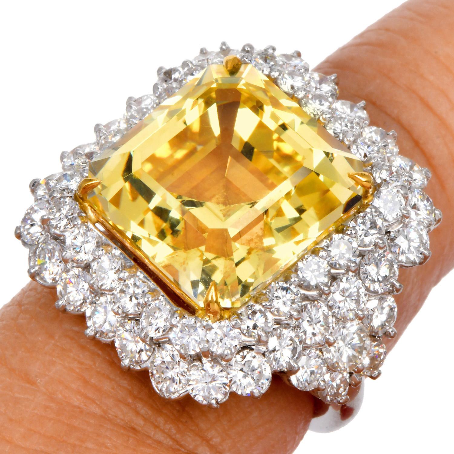 Women's Exceptional 20.64ct GIA No-Heat Yellow Sapphire Diamond Platinum Ring For Sale