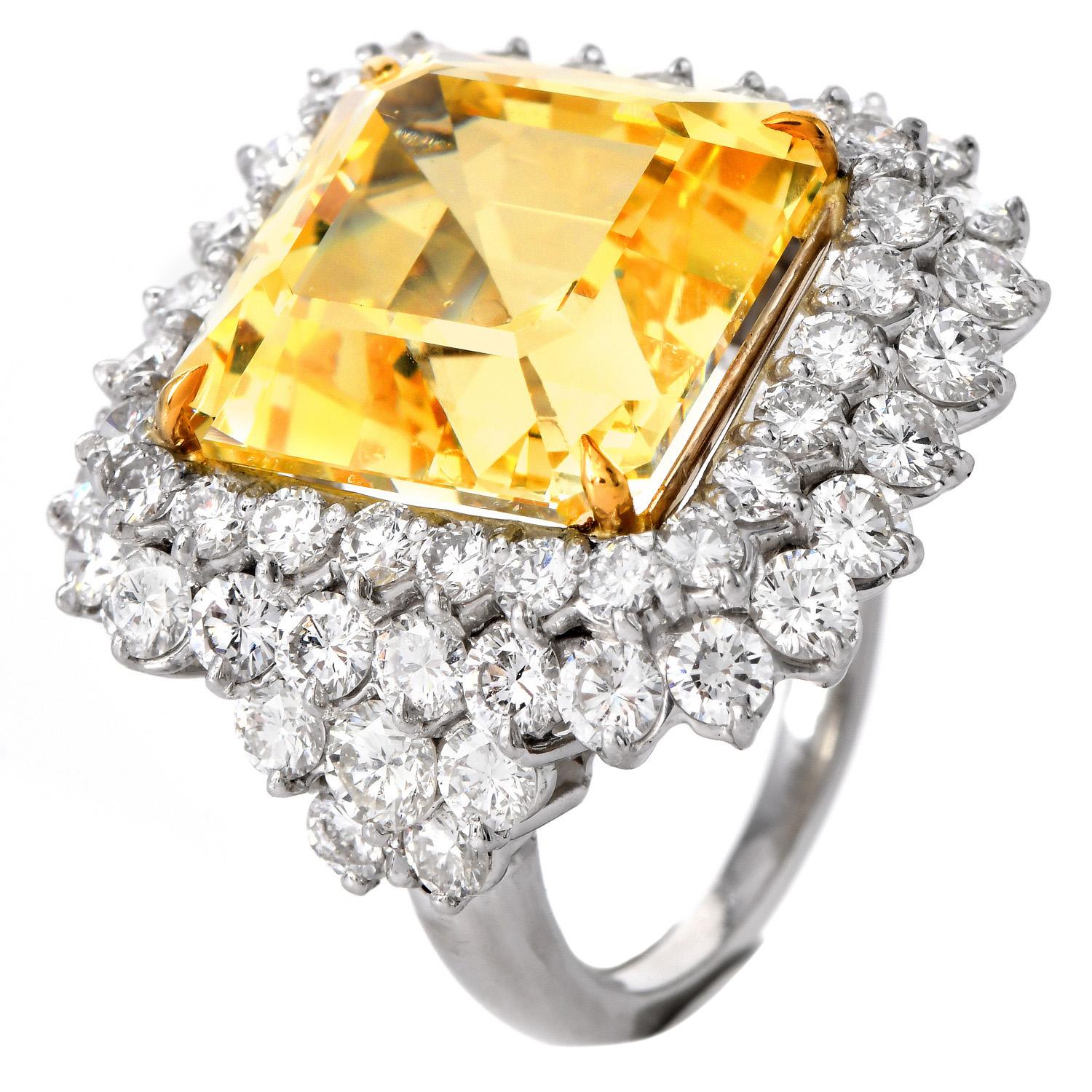 Exceptional 20.64ct GIA No-Heat Yellow Sapphire Diamond Platinum Ring For Sale 3