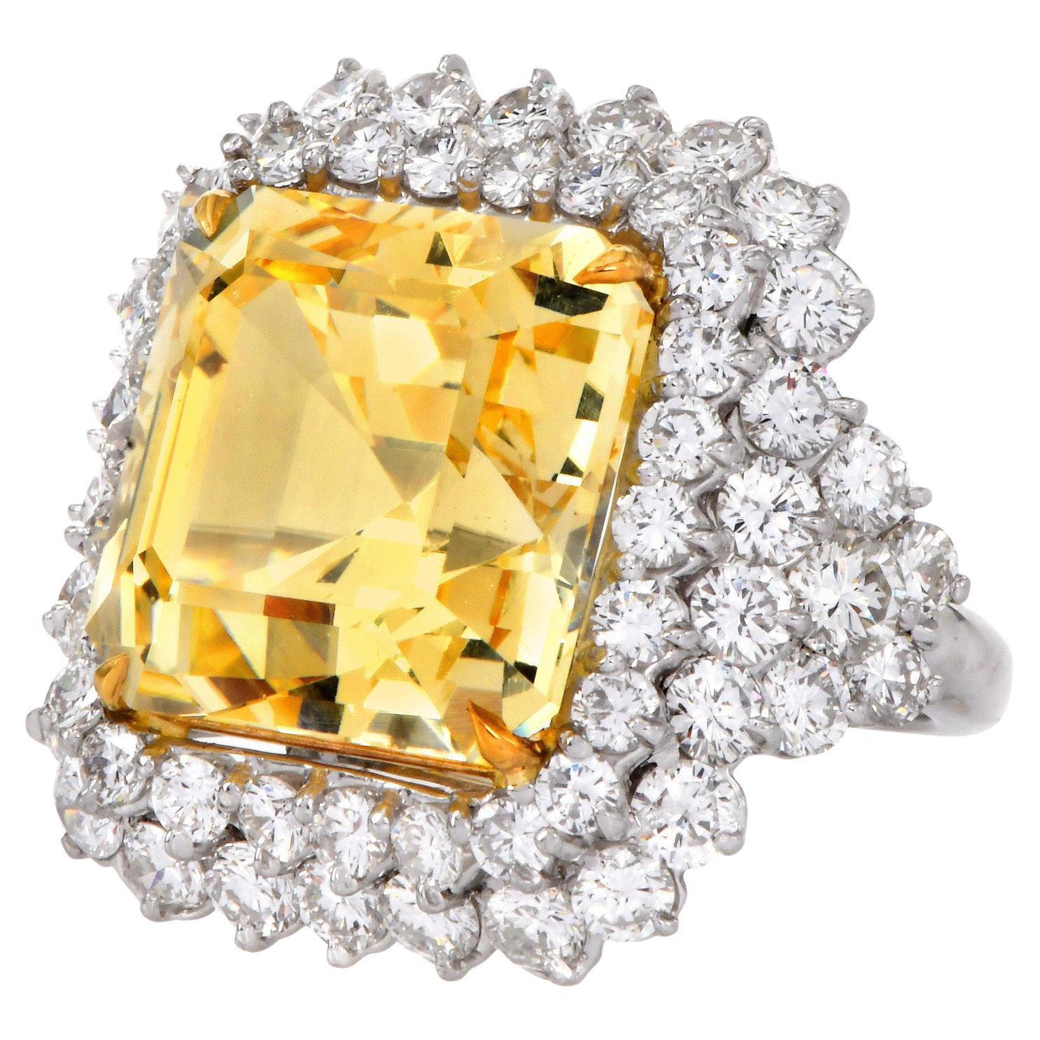 Exceptional 20.64ct GIA No-Heat Yellow Sapphire Diamond Platinum Ring For Sale