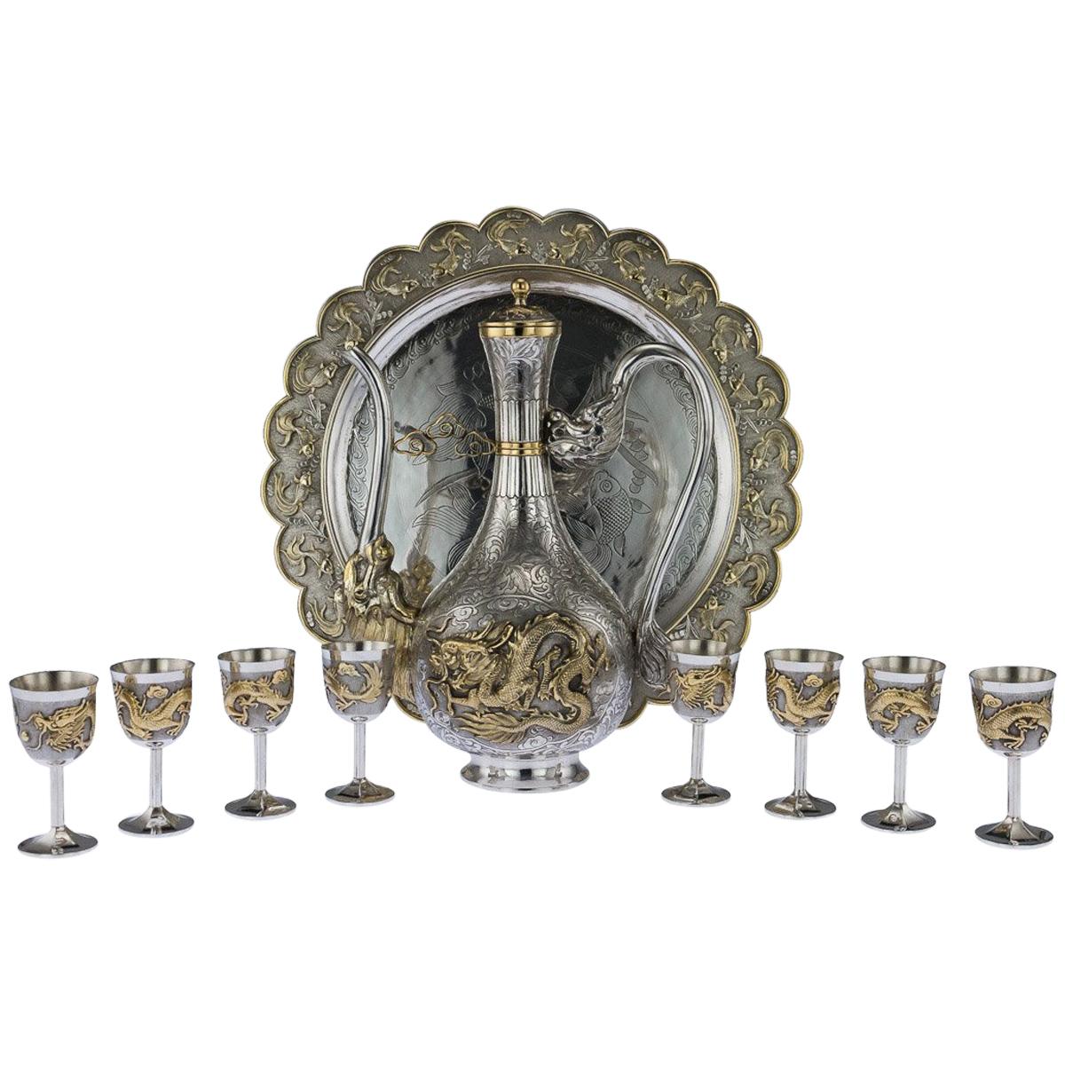Exceptional 20th Century Chinese Solid Silver Gilt Sake Set on Tray, circa 1960