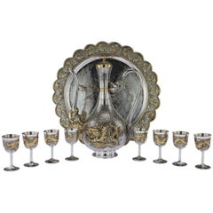 Exceptional 20th Century Chinese Solid Silver Gilt Sake Set on Tray, circa 1960