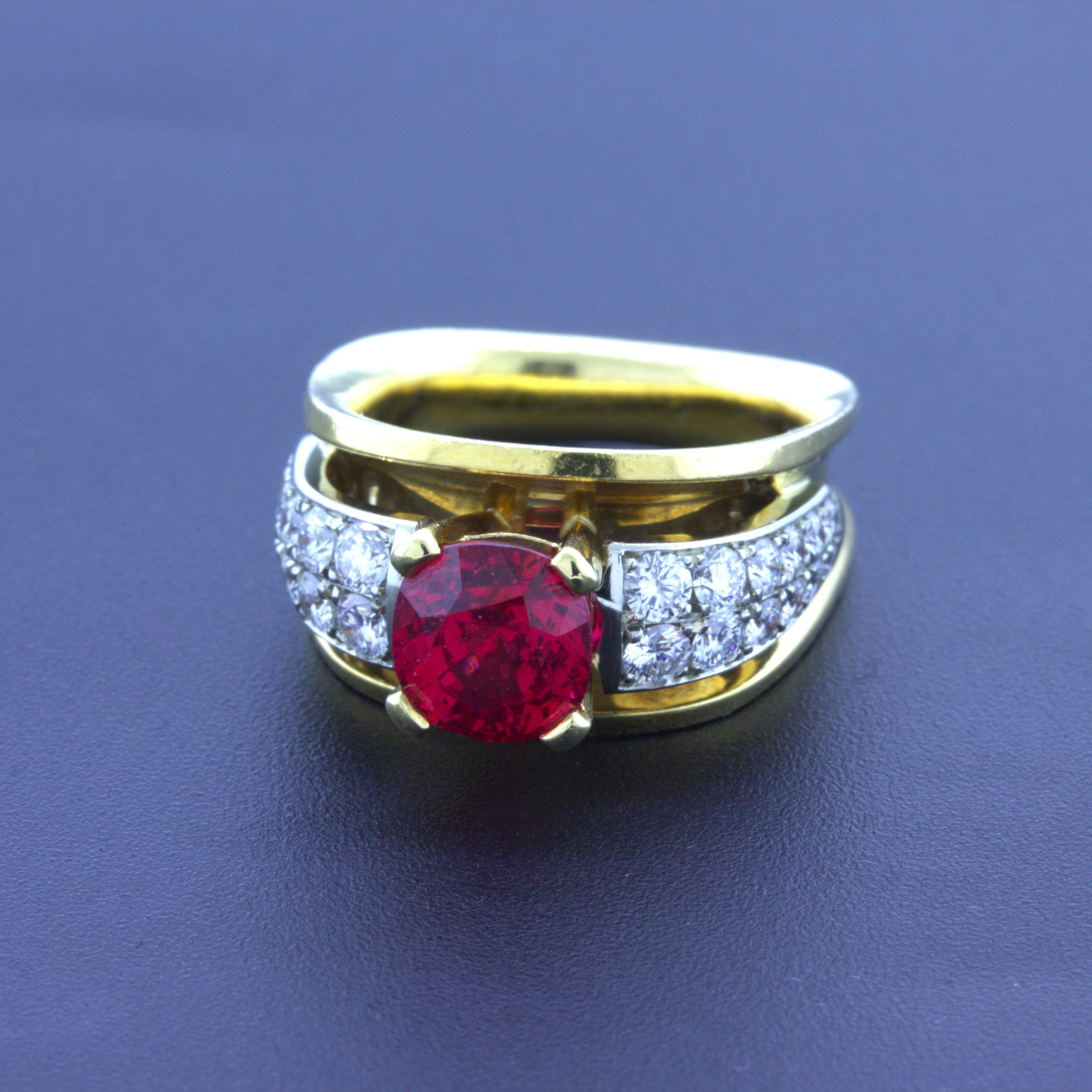 Cushion Cut Exceptional 2.28 Carat Burmese Red Spinel Diamond 18K Yellow Gold Ring, GIA Cert For Sale