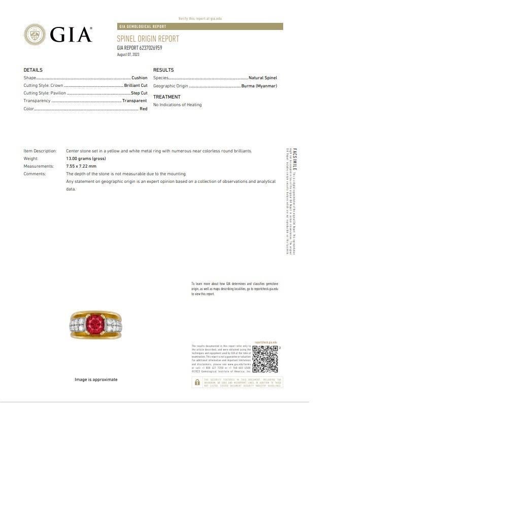 Exceptional 2.28 Carat Burmese Red Spinel Diamond 18K Yellow Gold Ring, GIA Cert For Sale 4
