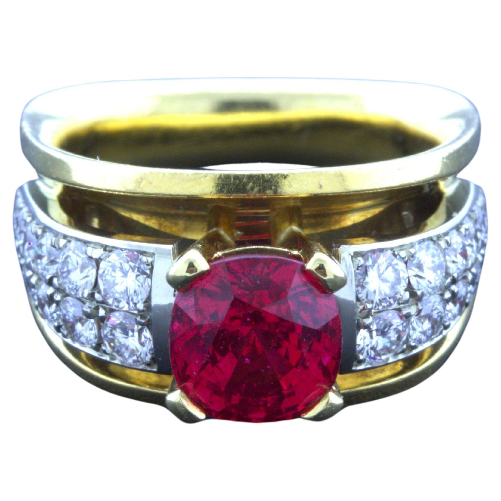 Exceptional 2.28 Carat Burmese Red Spinel Diamond 18K Yellow Gold Ring, GIA Cert For Sale