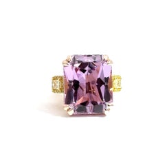 Exceptional 31.46ct Emerald-Cut Kunzite Ring with Fancy Yellow Diamonds in 14K