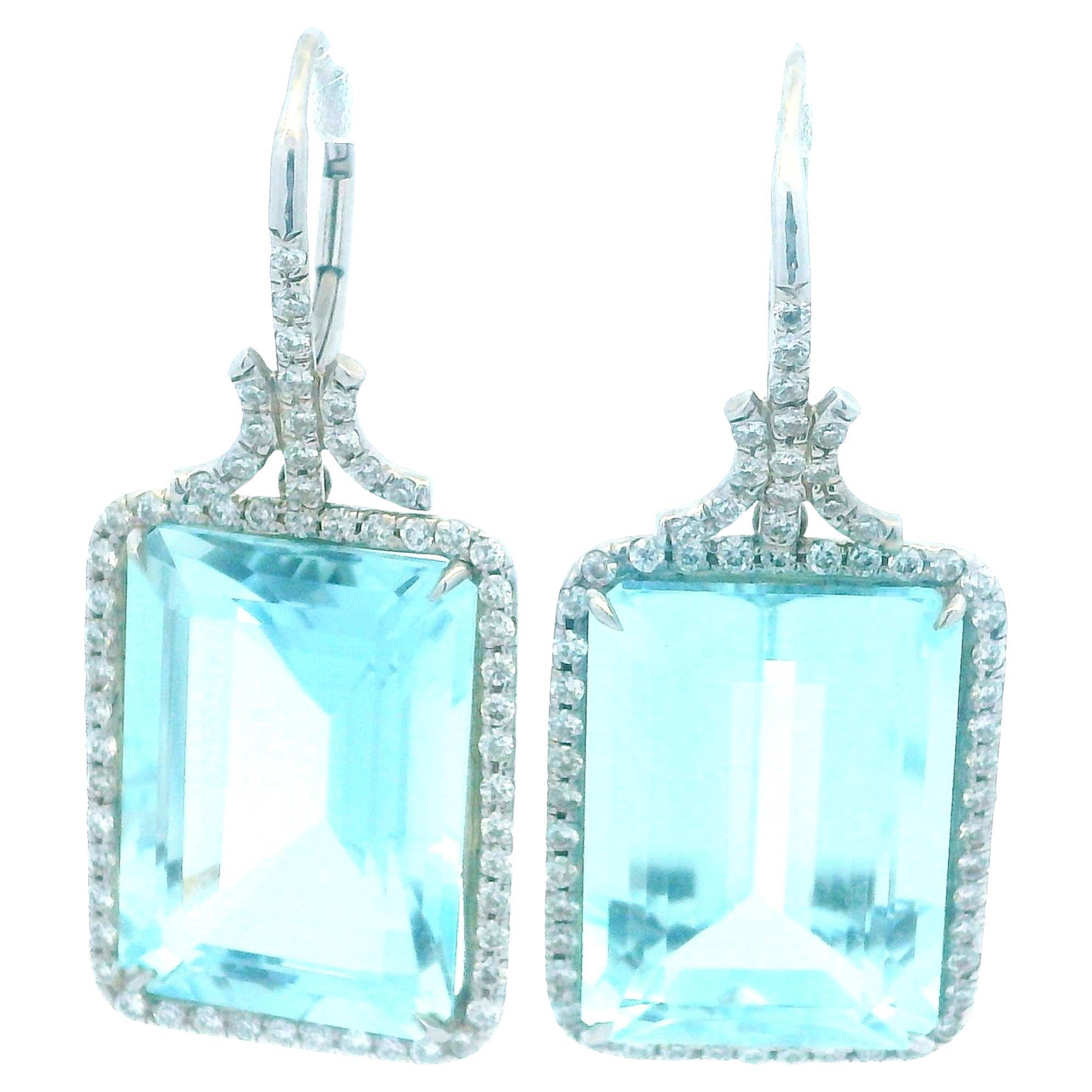 Exceptional 54 Carat Aquamarine and Diamond Drop Earrings in 14K White Gold