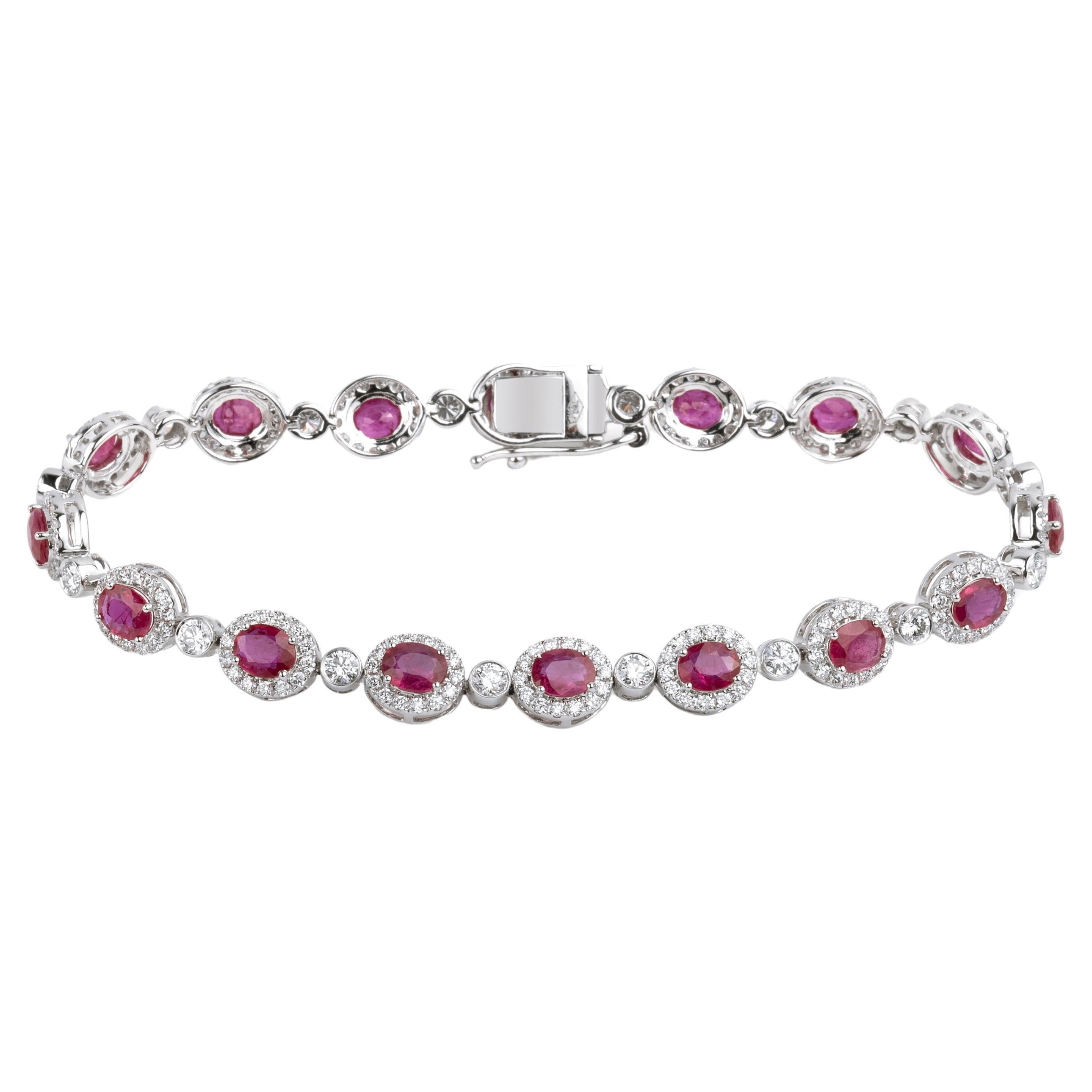 Exceptional 6 Ctw Oval Cut Natural Ruby Bracelet with diamond in 18k White Gold