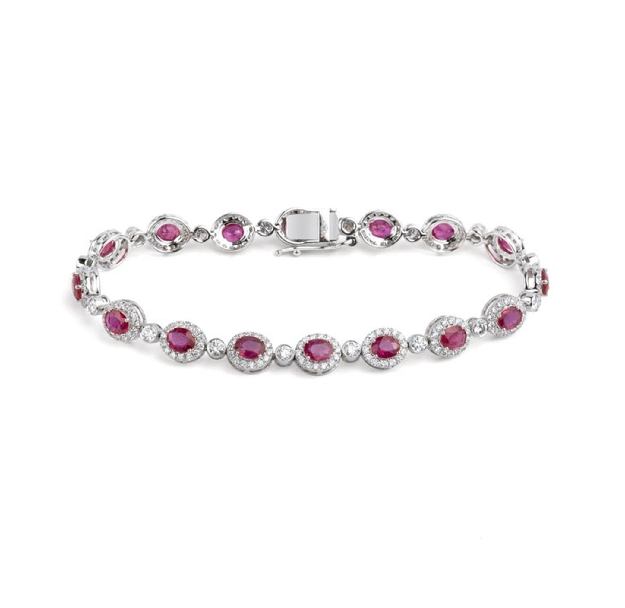 Exceptional 6ct Natural Oval-Cut Ruby & Diamond Halo Bracelet in 18K White Gold For Sale 2