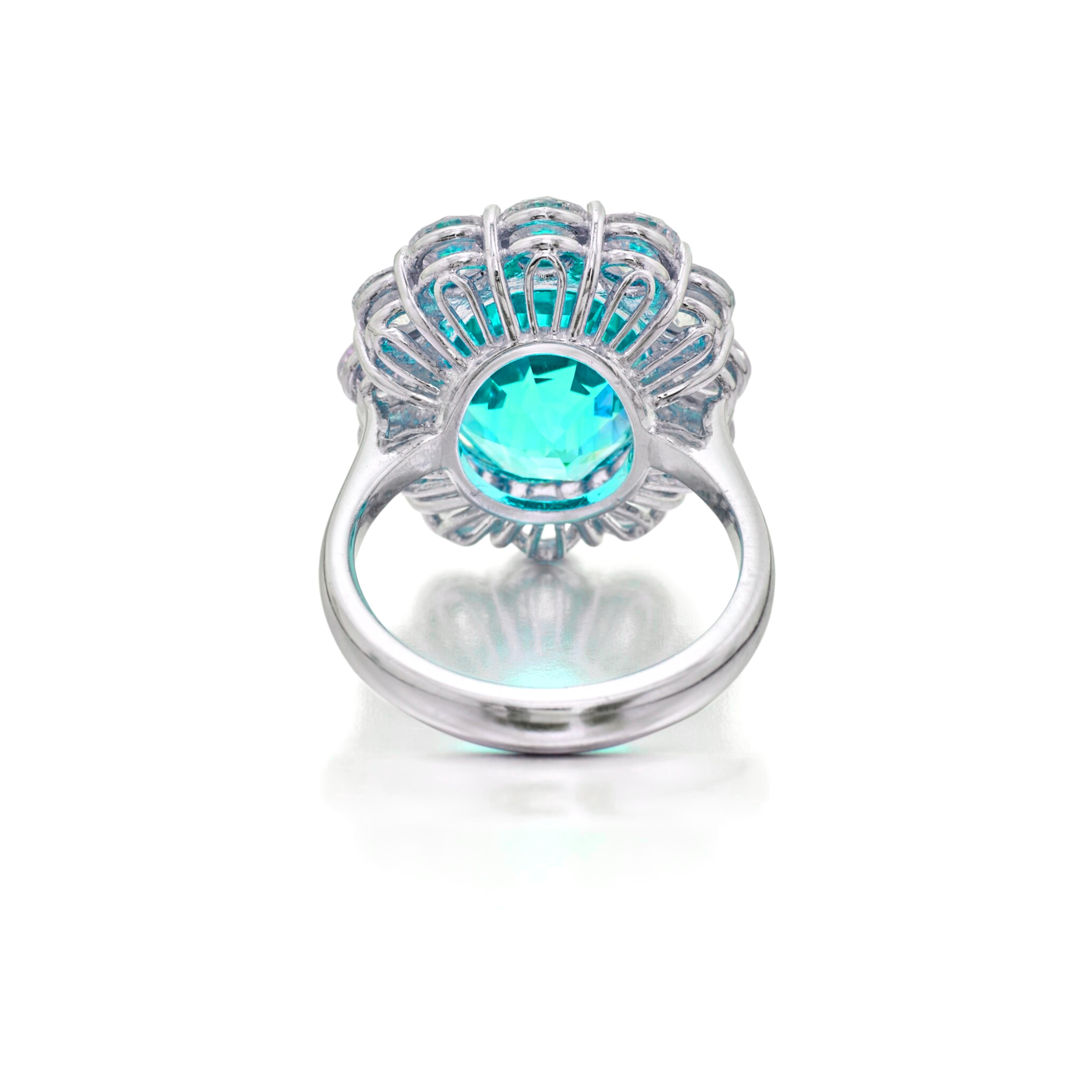 Exceptional 7 Carat Neon Paraiba Tourmaline Ring
Certified by C. Dunaigre

An extraordinary jewel showcasing a vivid 7.00 carat Neon Paraiba Tourmaline, certified by C. Dunaigre, renowned for its electric blue-green hue and mesmerizing glow — a true