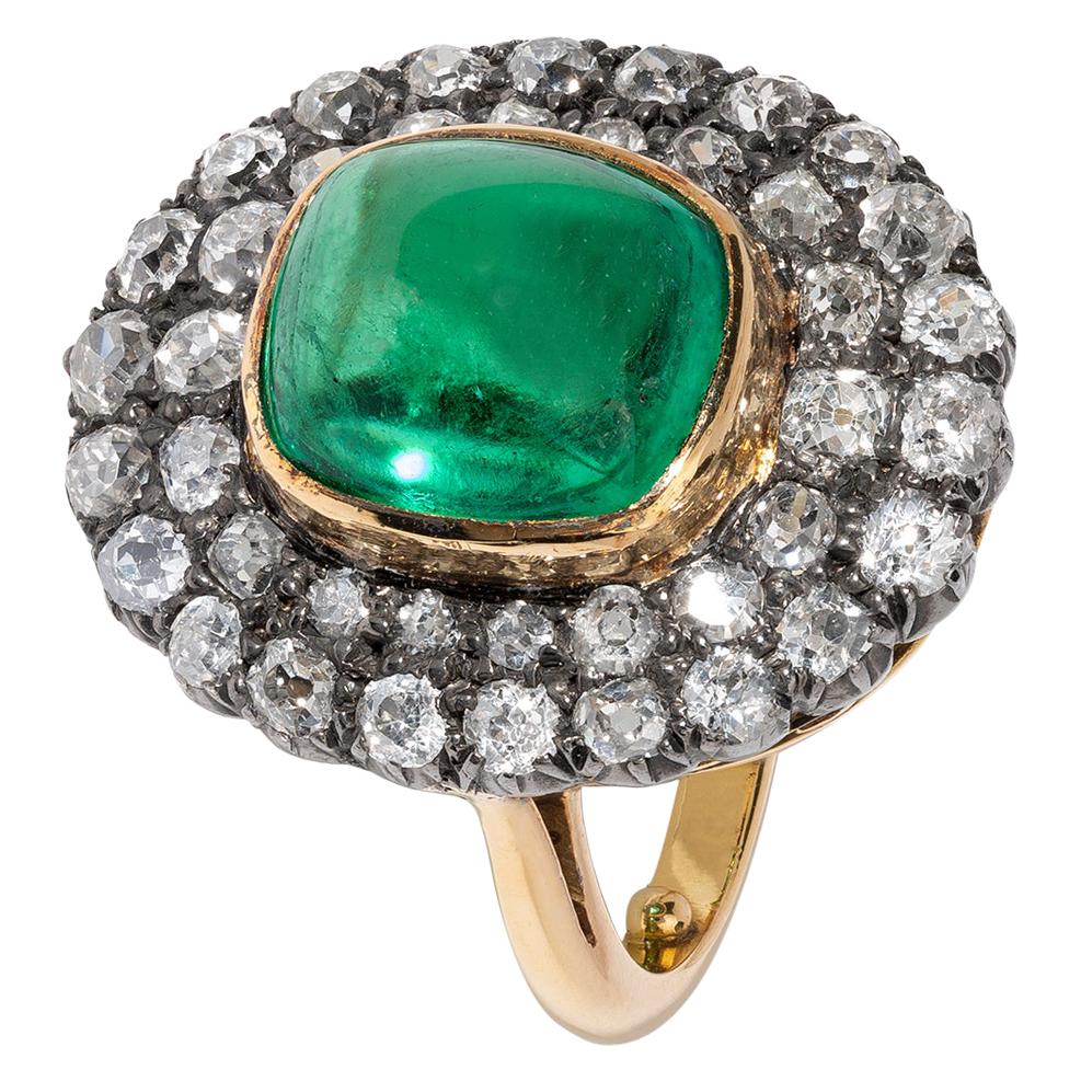 7.12 Carats Cabochon Emerald and Diamond Ring For Sale