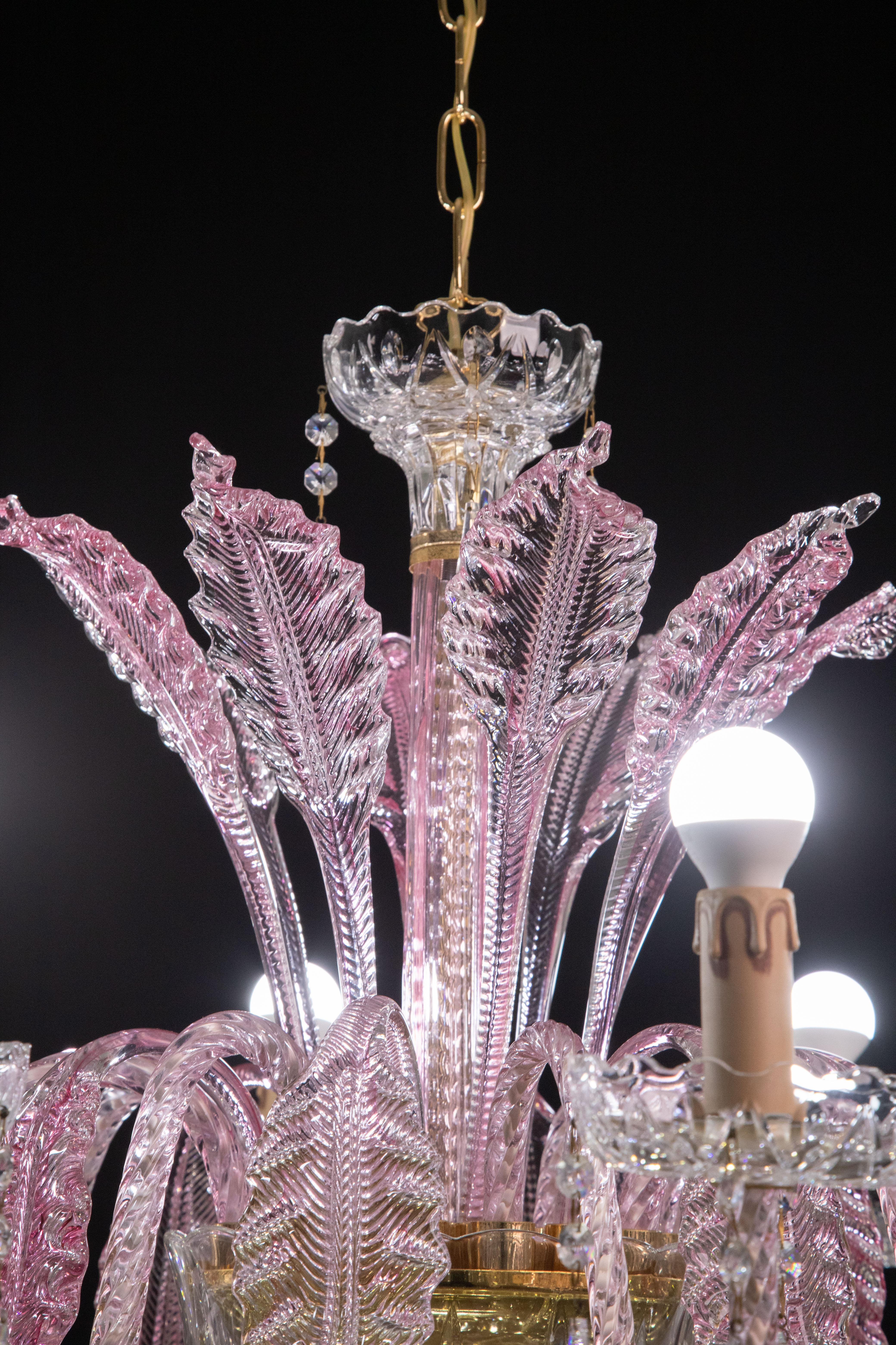 Exceptional 8-Lights Chandelier in Pink Crystal and Murano Glass, 1970s 6