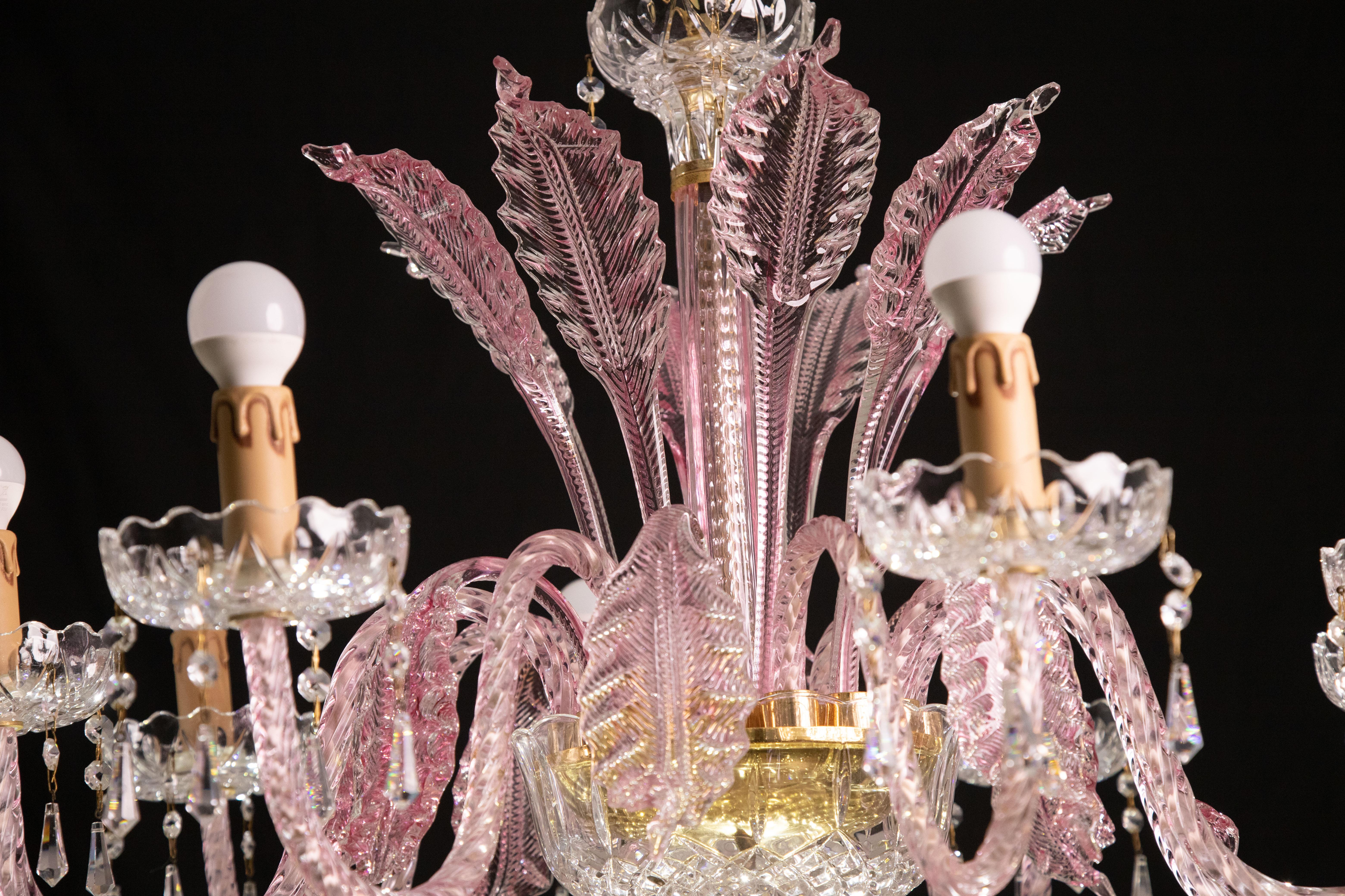 Exceptional 8-Lights Chandelier in Pink Crystal and Murano Glass, 1970s 9