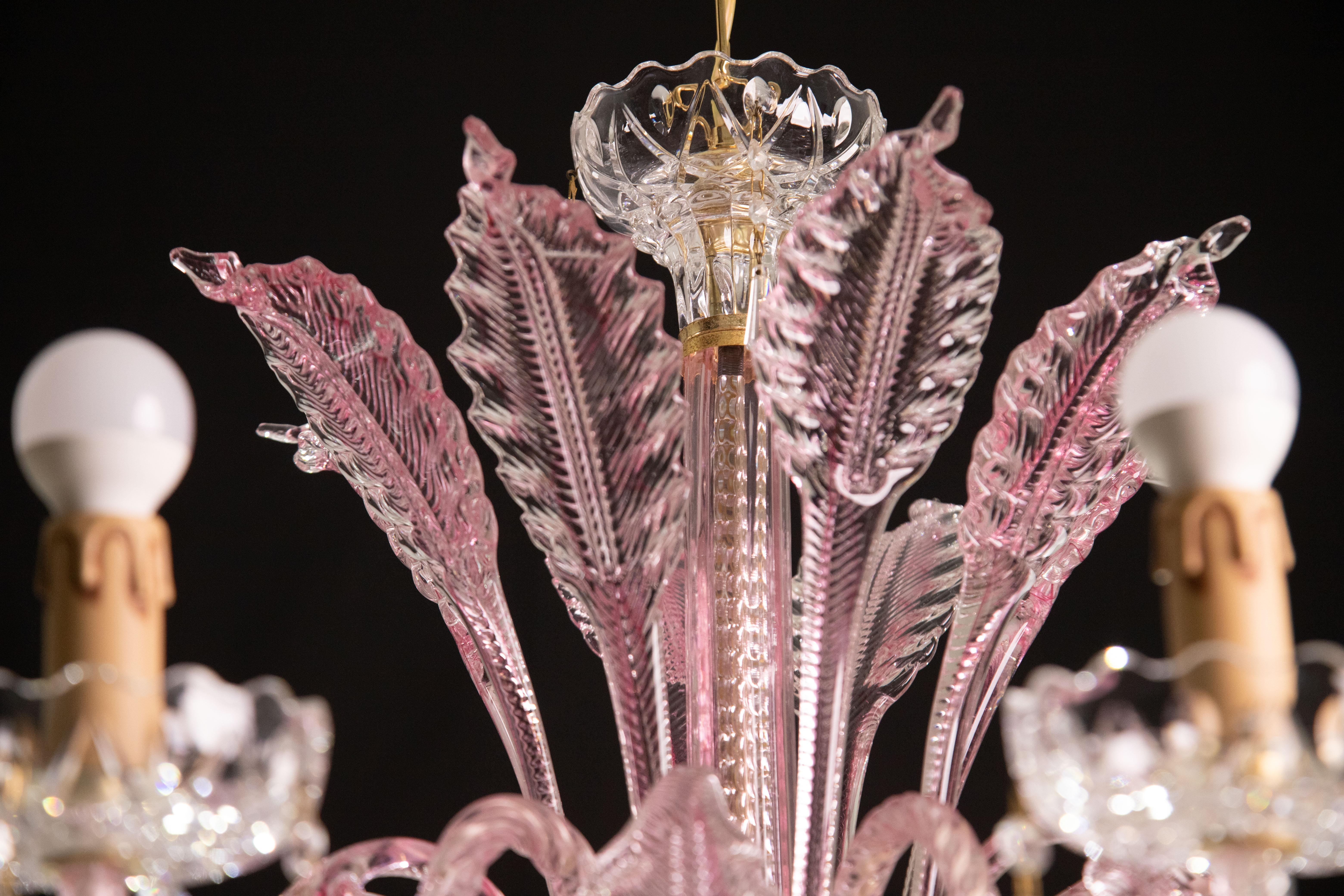Exceptional 8-Lights Chandelier in Pink Crystal and Murano Glass, 1970s 11