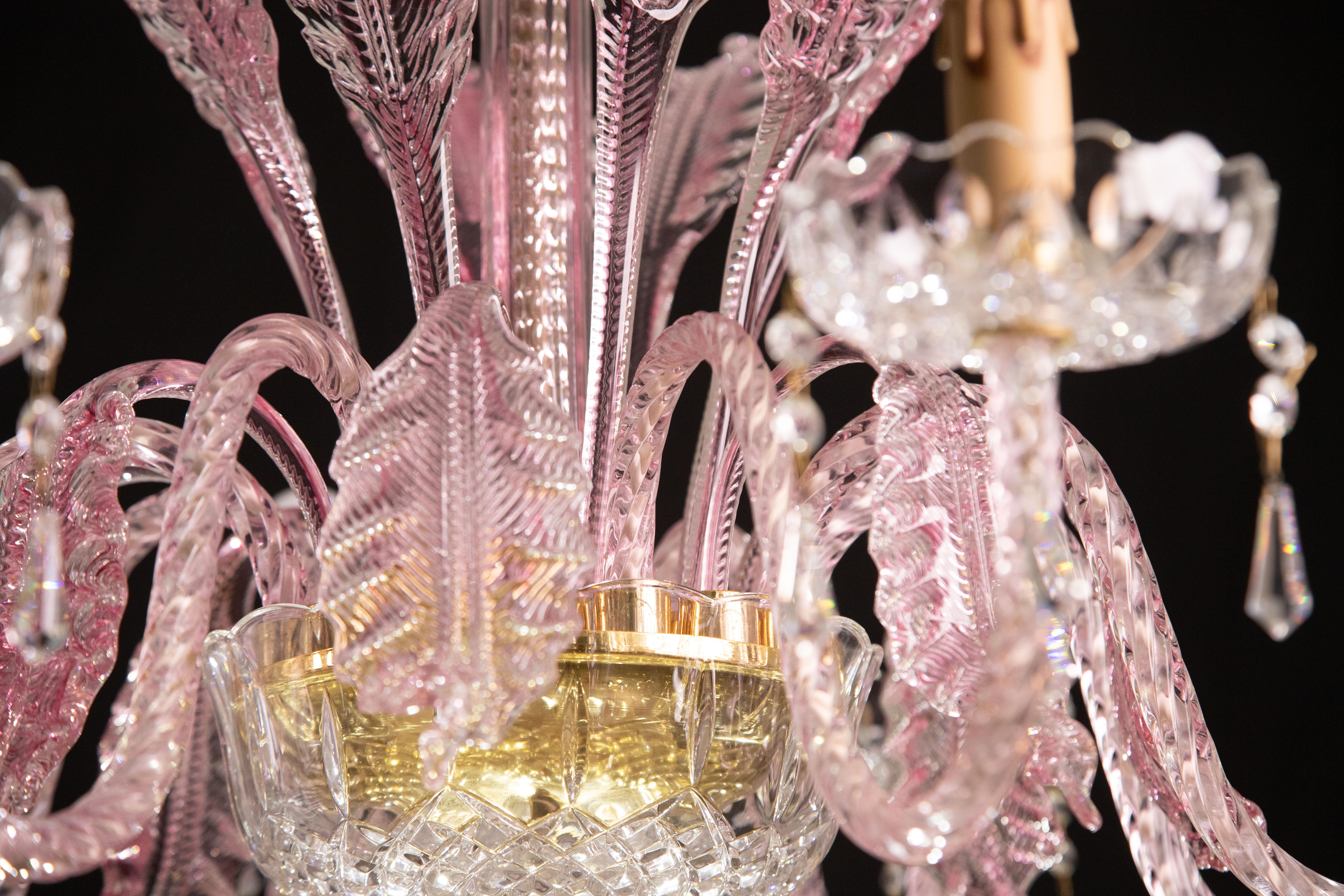 Exceptional 8-Lights Chandelier in Pink Crystal and Murano Glass, 1970s 12