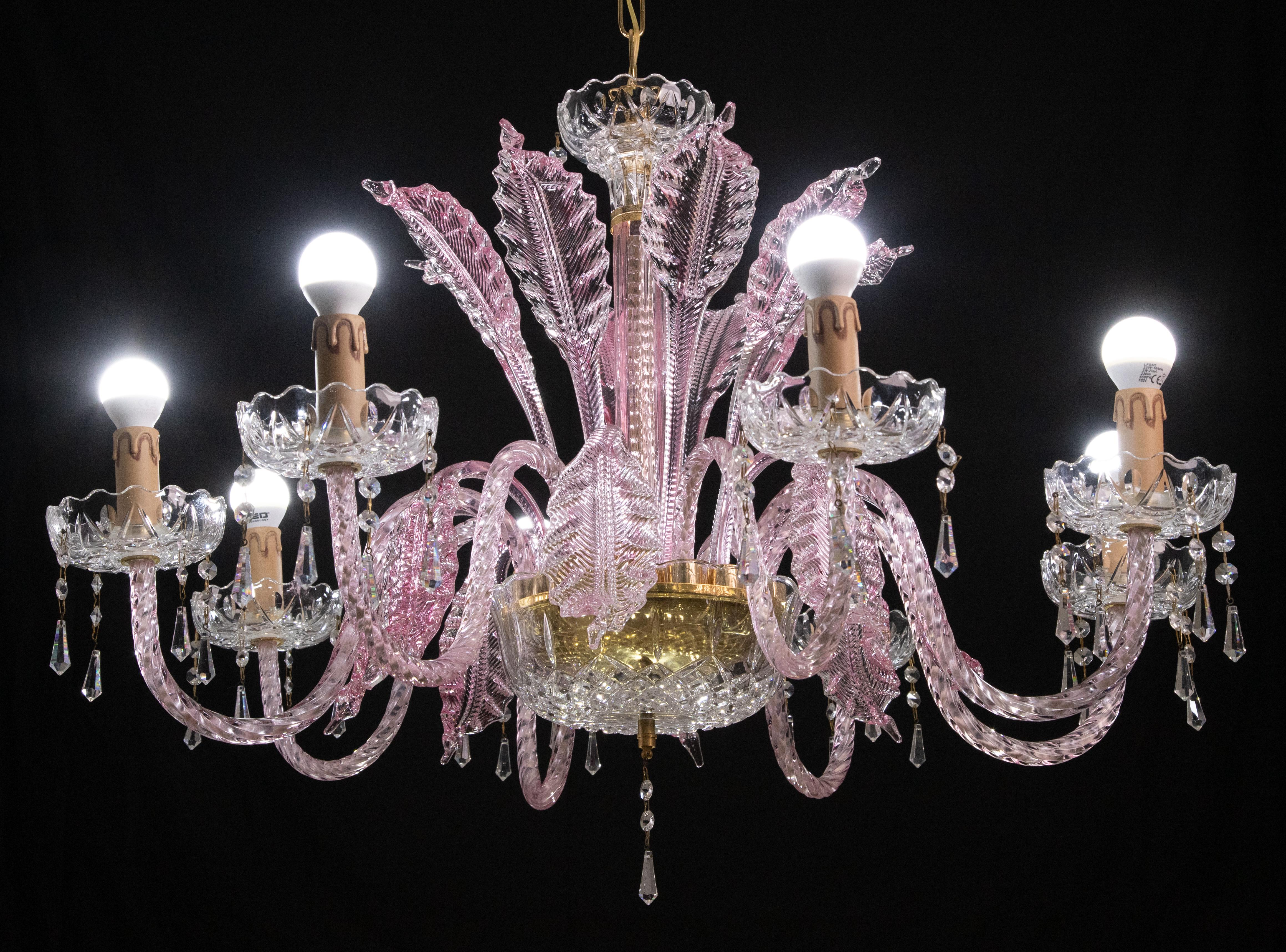 Exceptional 8-Lights Chandelier in Pink Crystal and Murano Glass, 1970s In Good Condition In Roma, IT