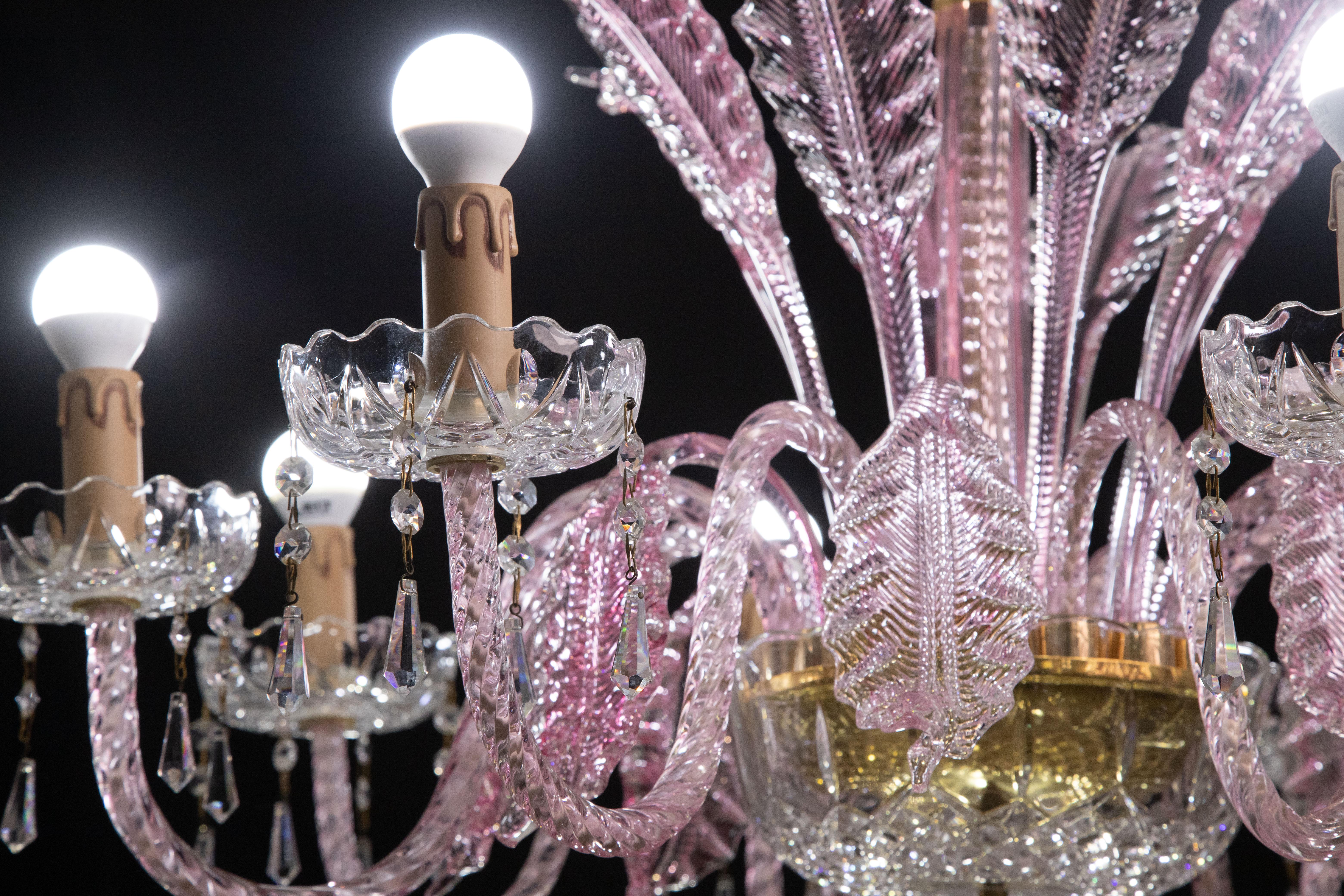 Exceptional 8-Lights Chandelier in Pink Crystal and Murano Glass, 1970s 1