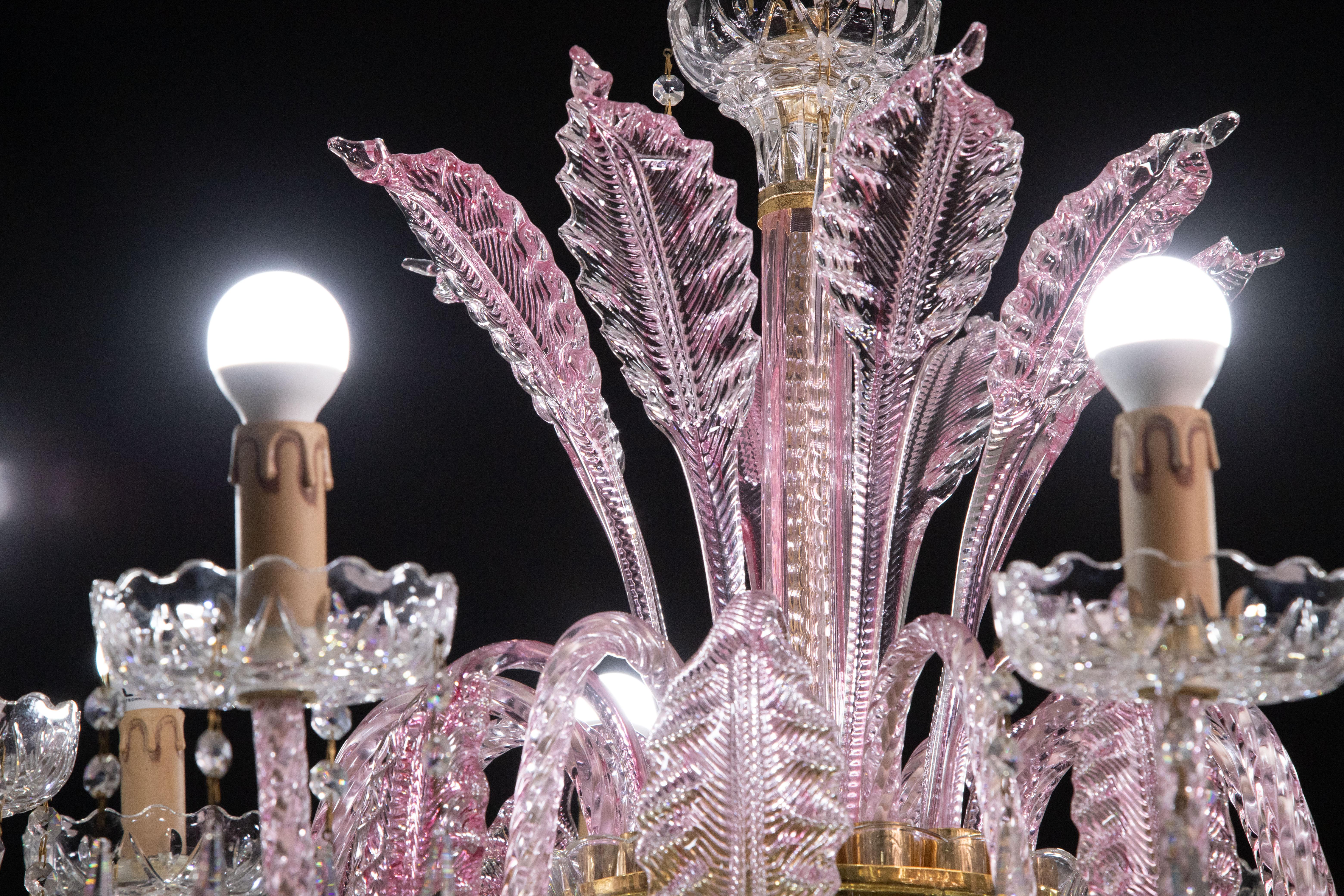 Exceptional 8-Lights Chandelier in Pink Crystal and Murano Glass, 1970s 2