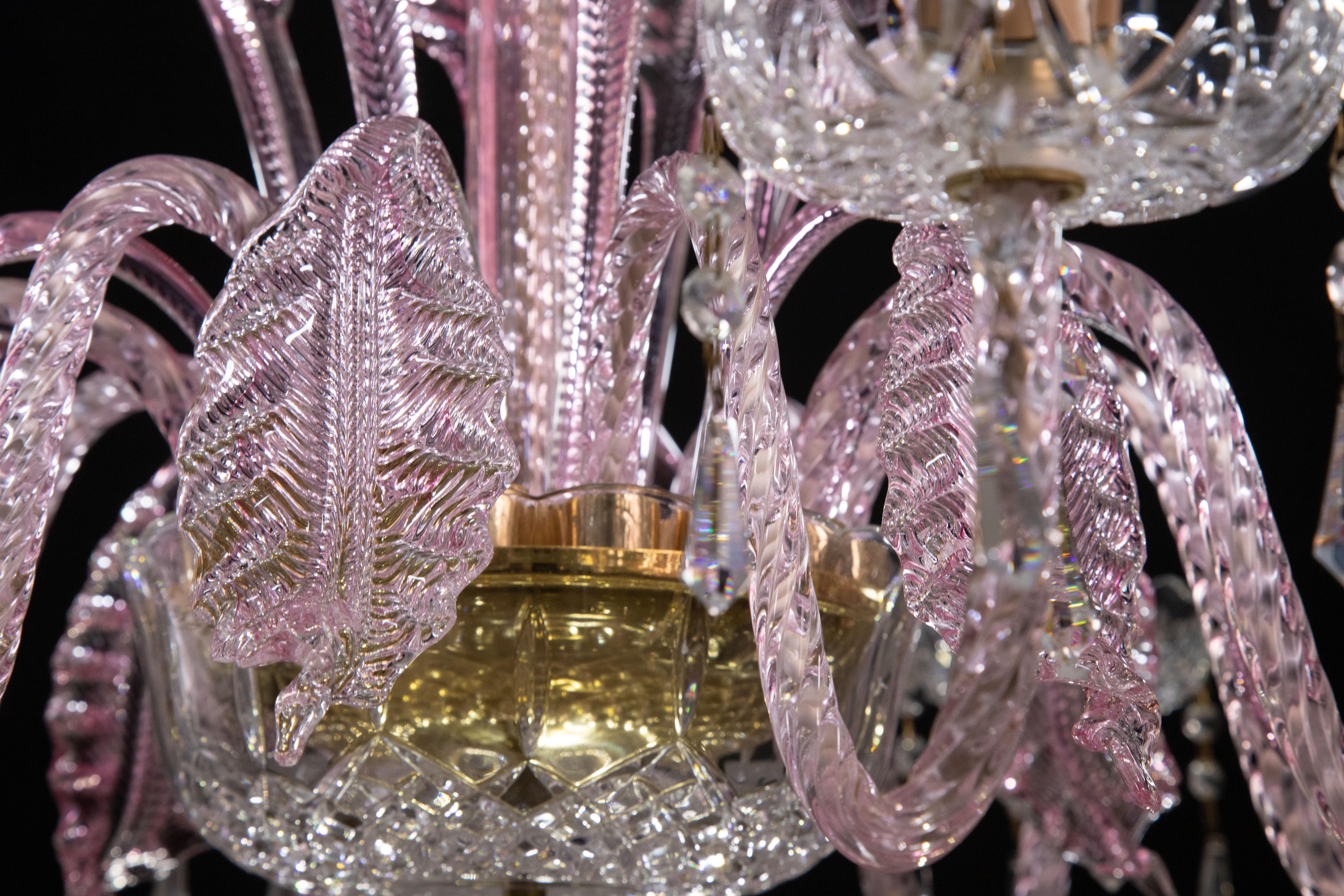 Exceptional 8-Lights Chandelier in Pink Crystal and Murano Glass, 1970s 5