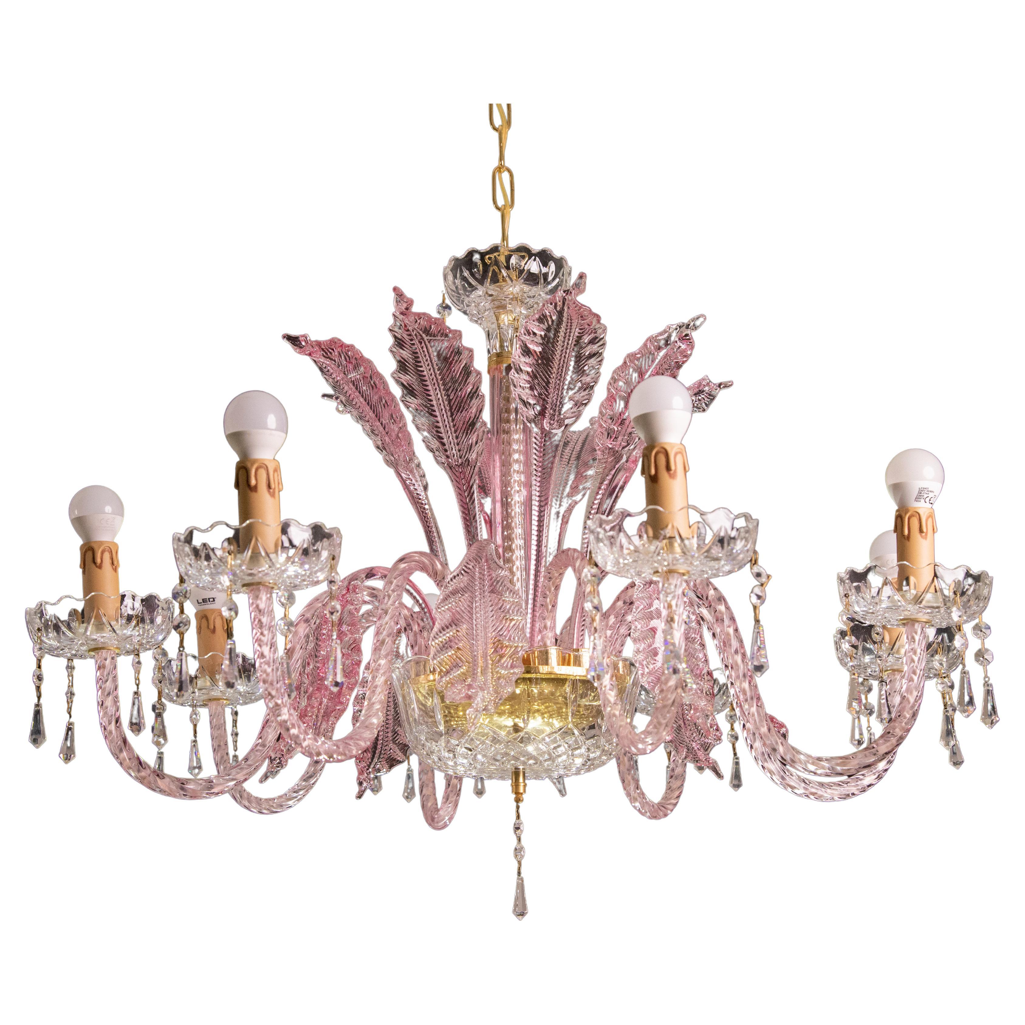 Exceptional 8-Lights Chandelier in Pink Crystal and Murano Glass, 1970s