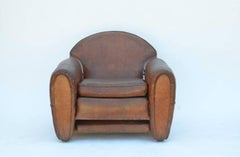 Exceptional Aged Leather French Art Deco Adjustable Club Chair