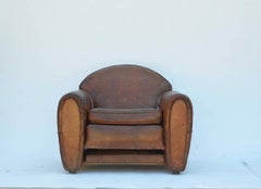 Exceptional Aged Leather French Art Deco Adjustable Club Chair