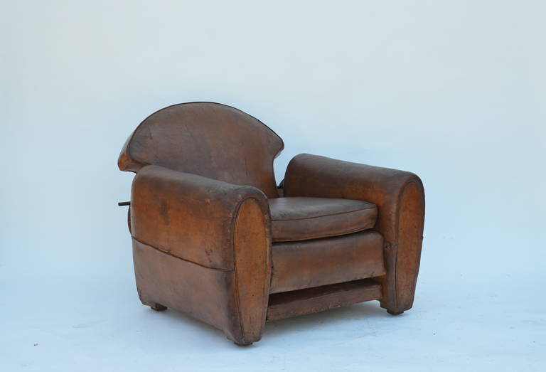 Mid-20th Century Exceptional Aged Leather French Art Deco Adjustable Club Chair For Sale