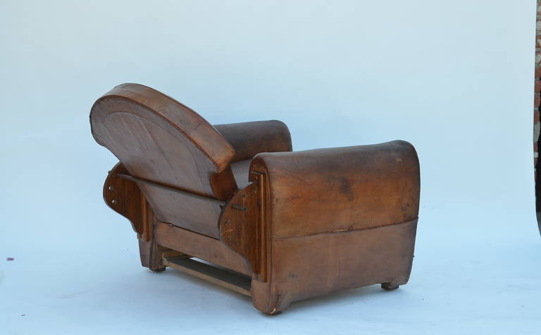 Exceptional Aged Leather French Art Deco Adjustable Club Chair For Sale 1