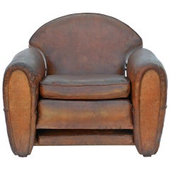 Vintage Exceptional Aged Leather French Art Deco Adjustable Club Chair