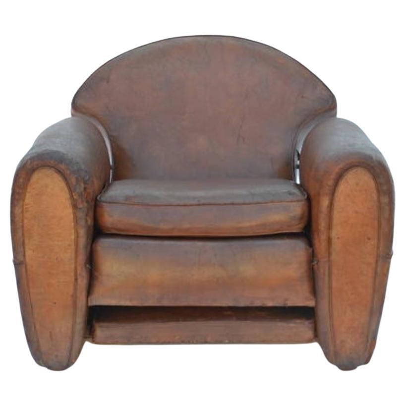 Exceptionnel fauteuil club réglable Art Déco français en cuir vieilli