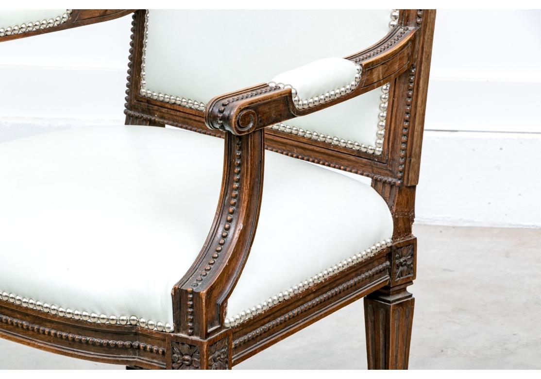 Exceptional Air  Of Leather Louis XVI Style Fauteuil Armchairs In Fair Condition For Sale In Bridgeport, CT