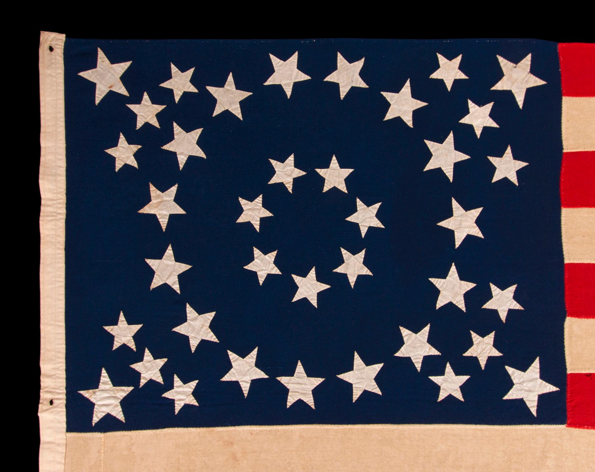 North American Exceptional American Flag, 38 Stars in 3 Sizes in a Fantastic, Unusual Medallion For Sale