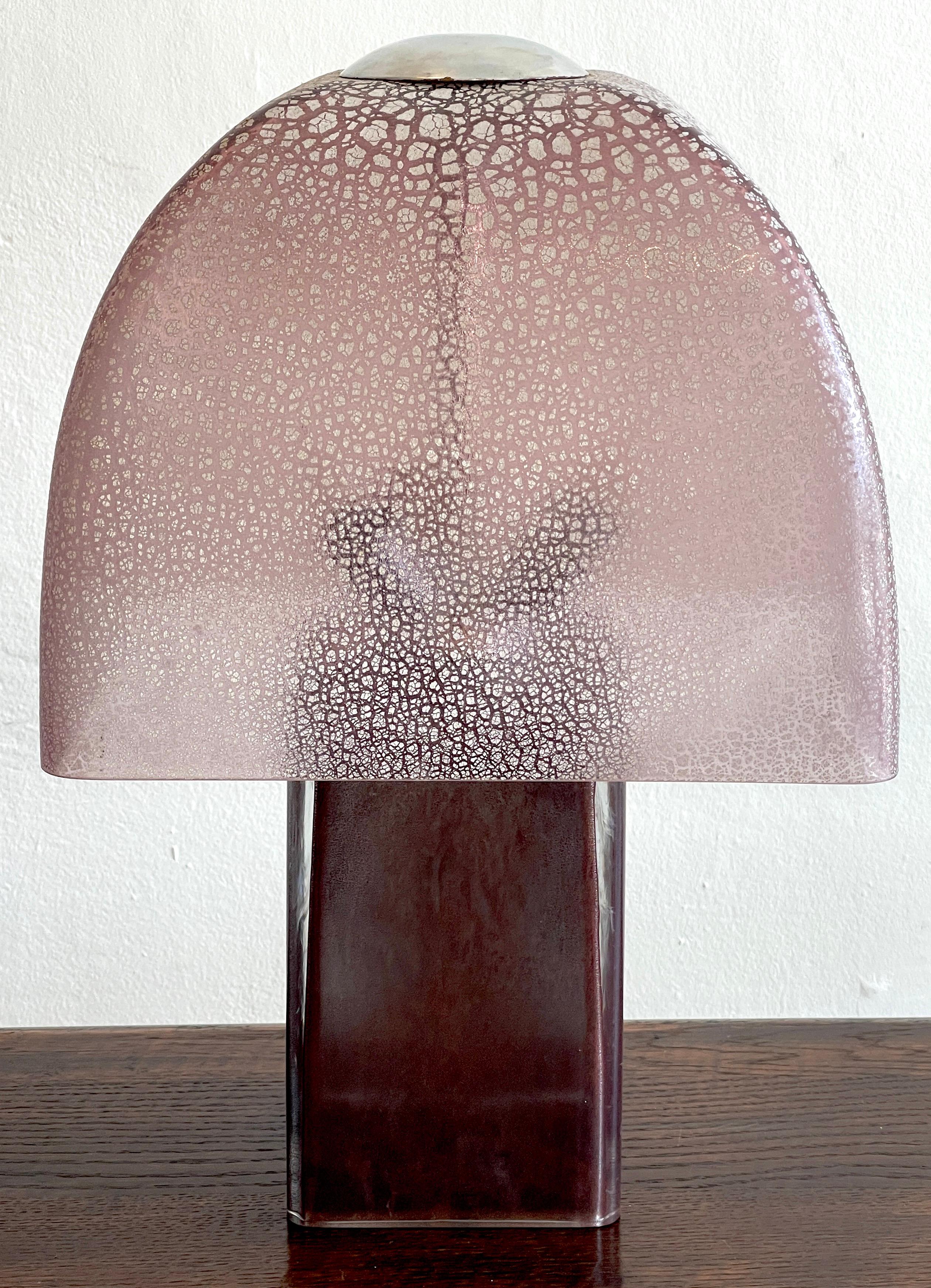 Exceptional Amethyst Murano Mushroom Lamp by, Barbini
With a stylized square domed 'Mushroom' shade internally decorated, raised on a 6