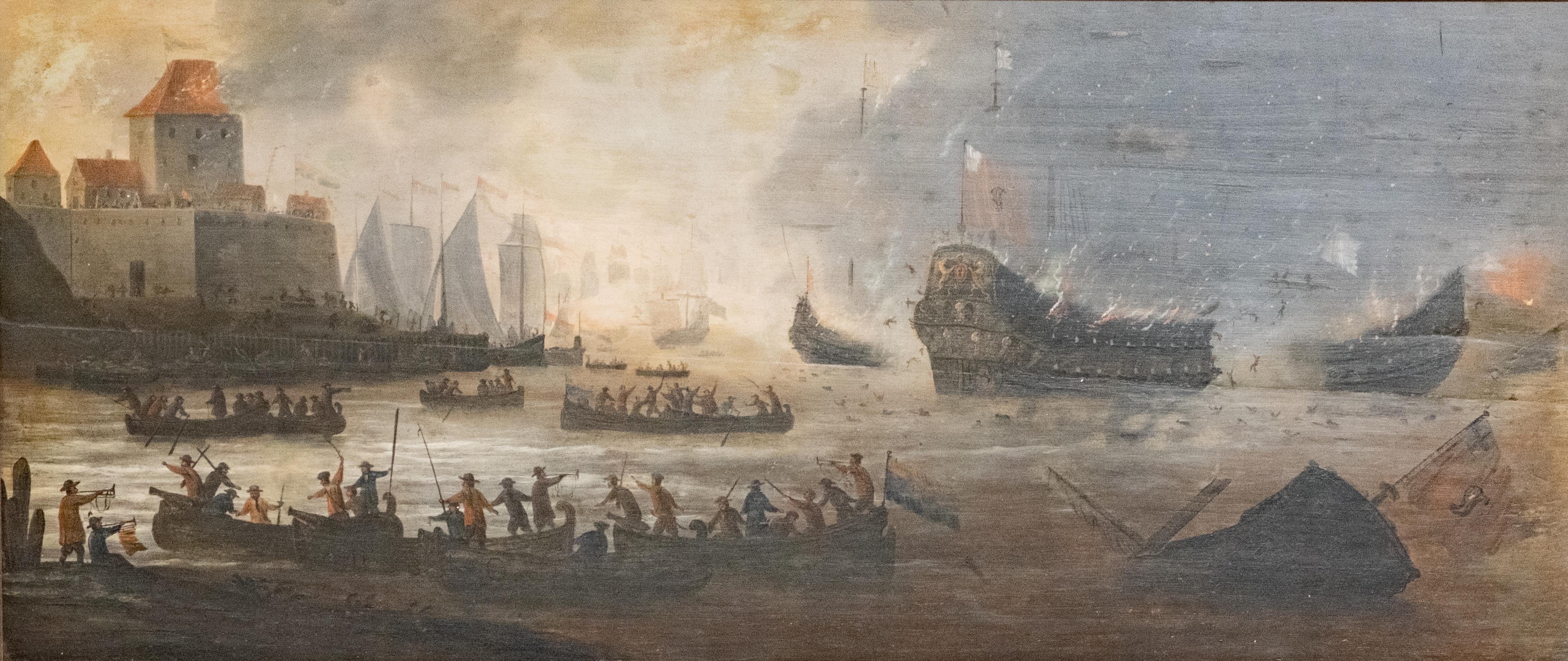 Maritime Painting 18th C Battle Scene on Oil Painting on Cradled Wood Panel.Very dramatic and very well executed rendering of a naval offensive against a fortified city, oil painting depicting a very detailed maritime battle scene. Seemingly