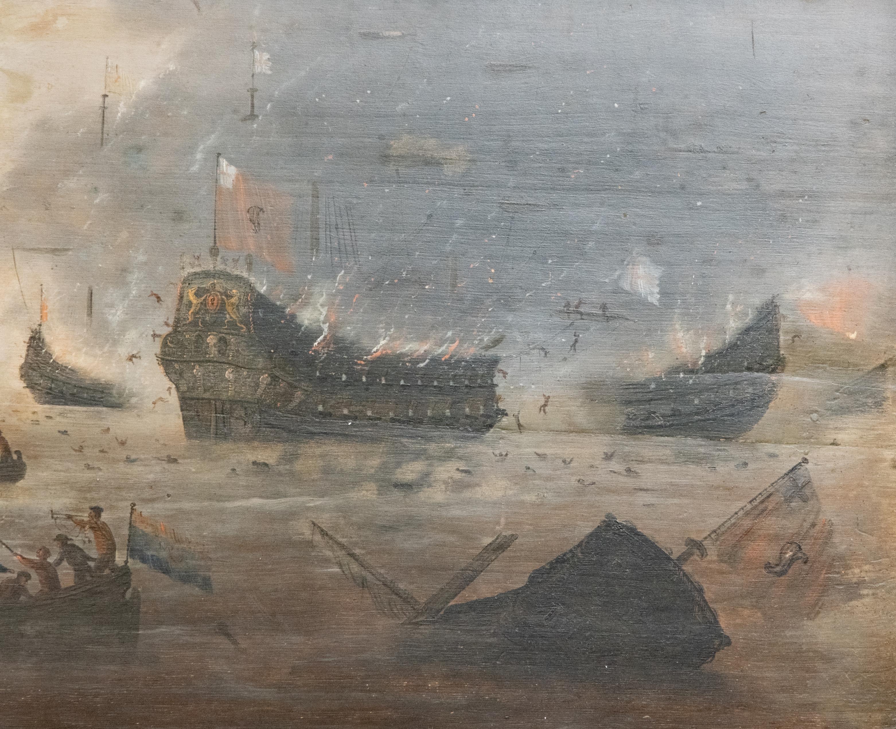 American Exceptional and Detailed Maritime Painting 18th C Battle Scene Oil Painting 