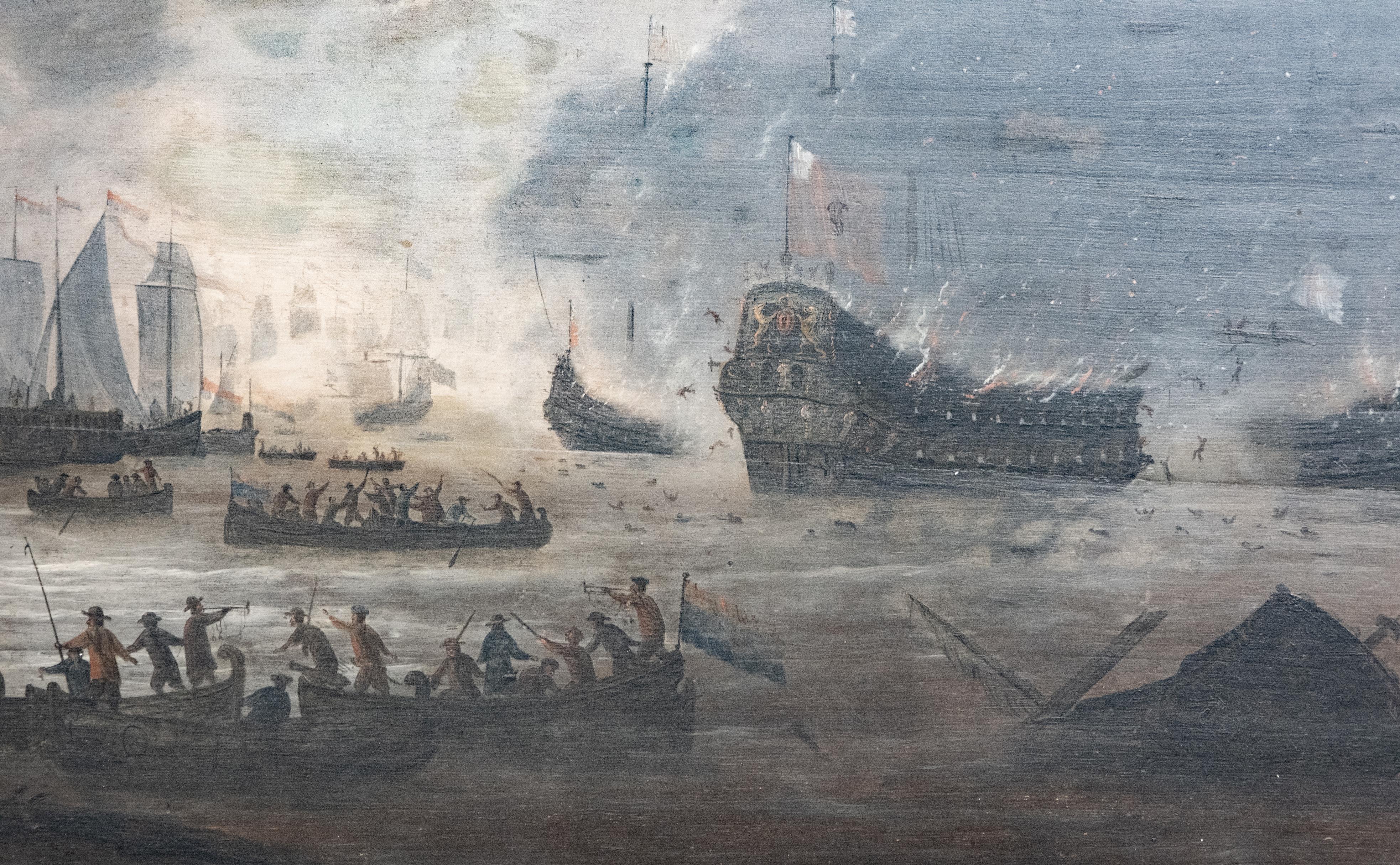 Hand-Painted Exceptional and Detailed Maritime Painting 18th C Battle Scene Oil Painting 