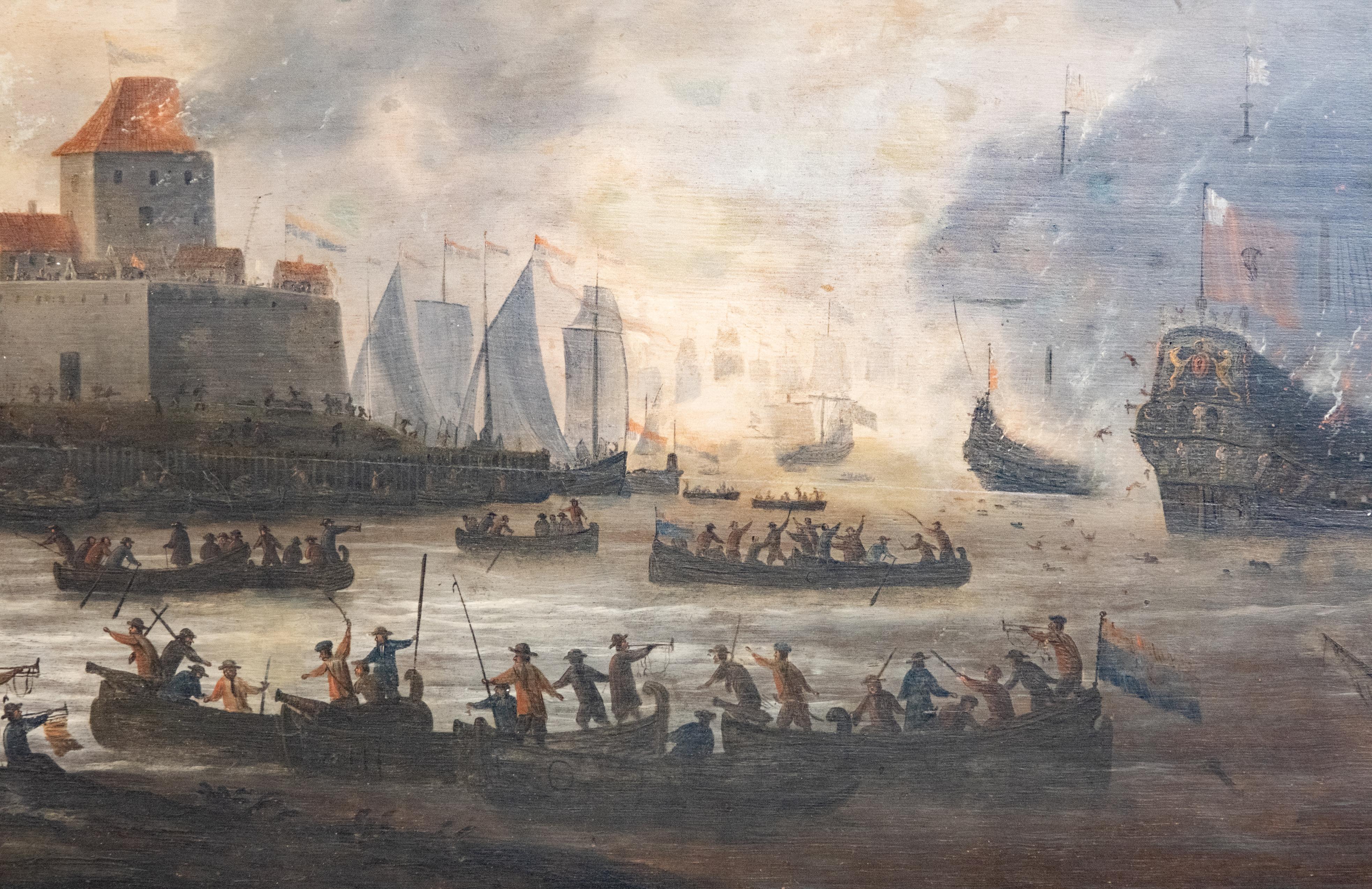 Exceptional and Detailed Maritime Painting 18th C Battle Scene Oil Painting  In Good Condition In Hudson, NY