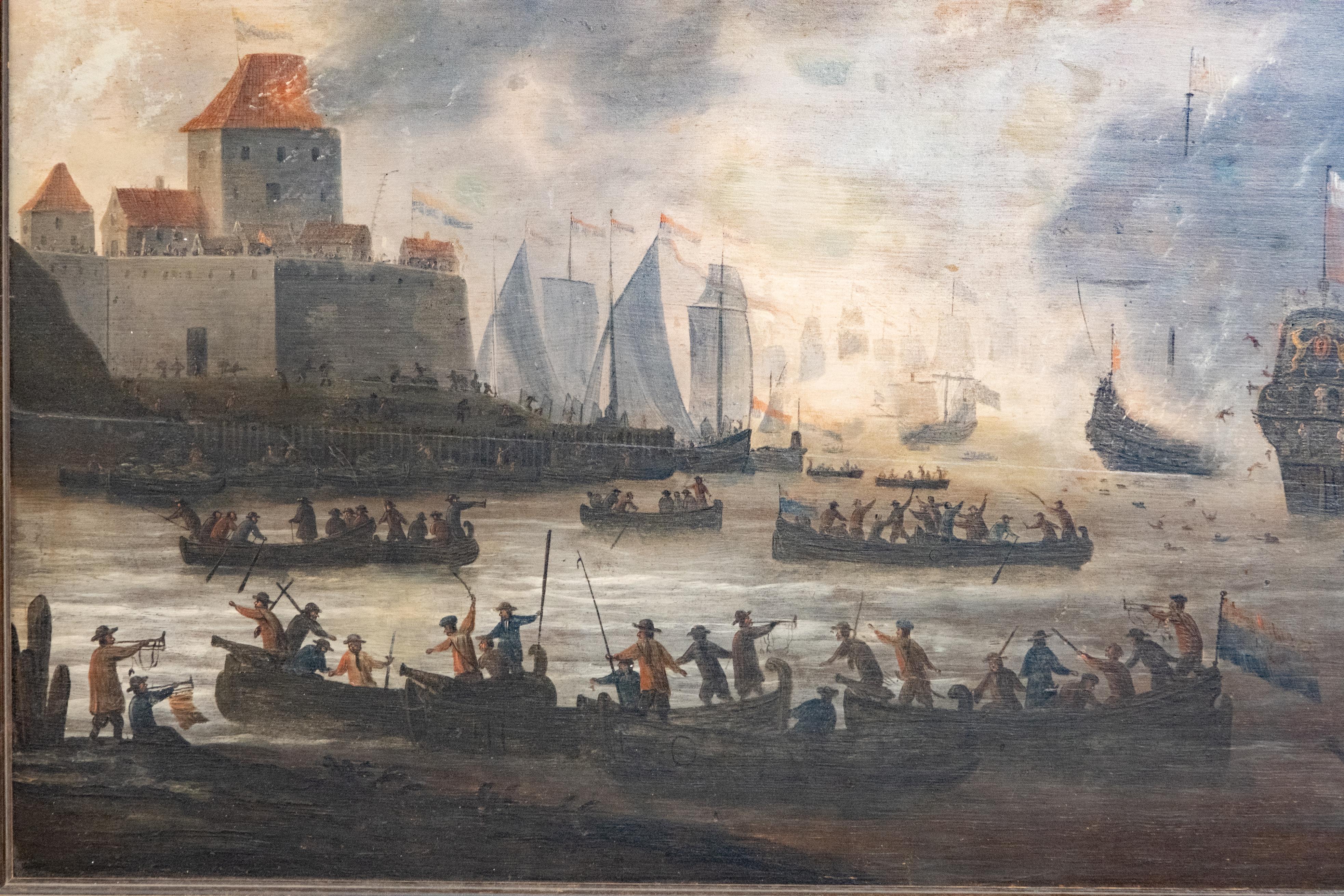 20th Century Exceptional and Detailed Maritime Painting 18th C Battle Scene Oil Painting 
