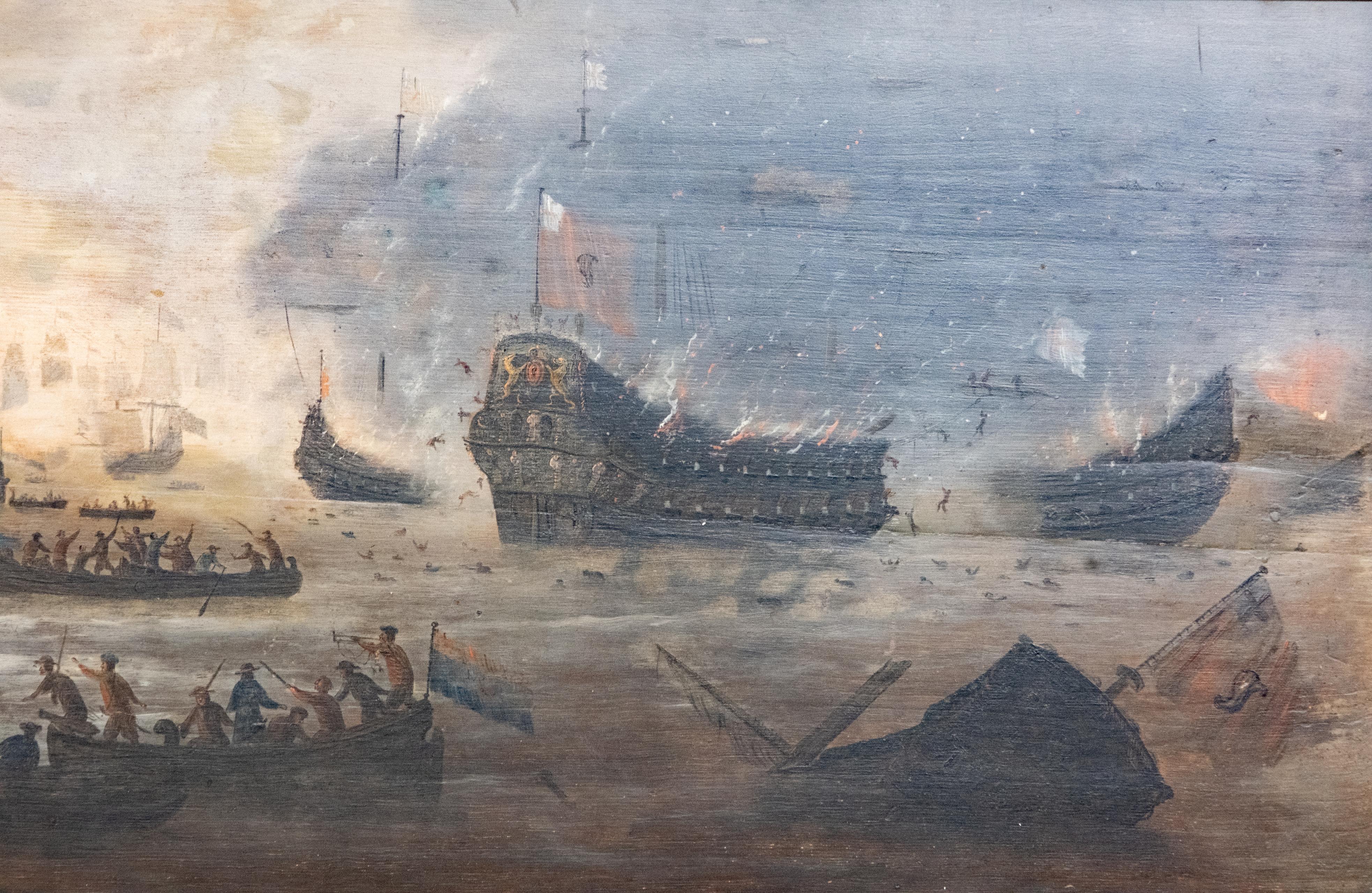 Canvas Exceptional and Detailed Maritime Painting 18th C Battle Scene Oil Painting 