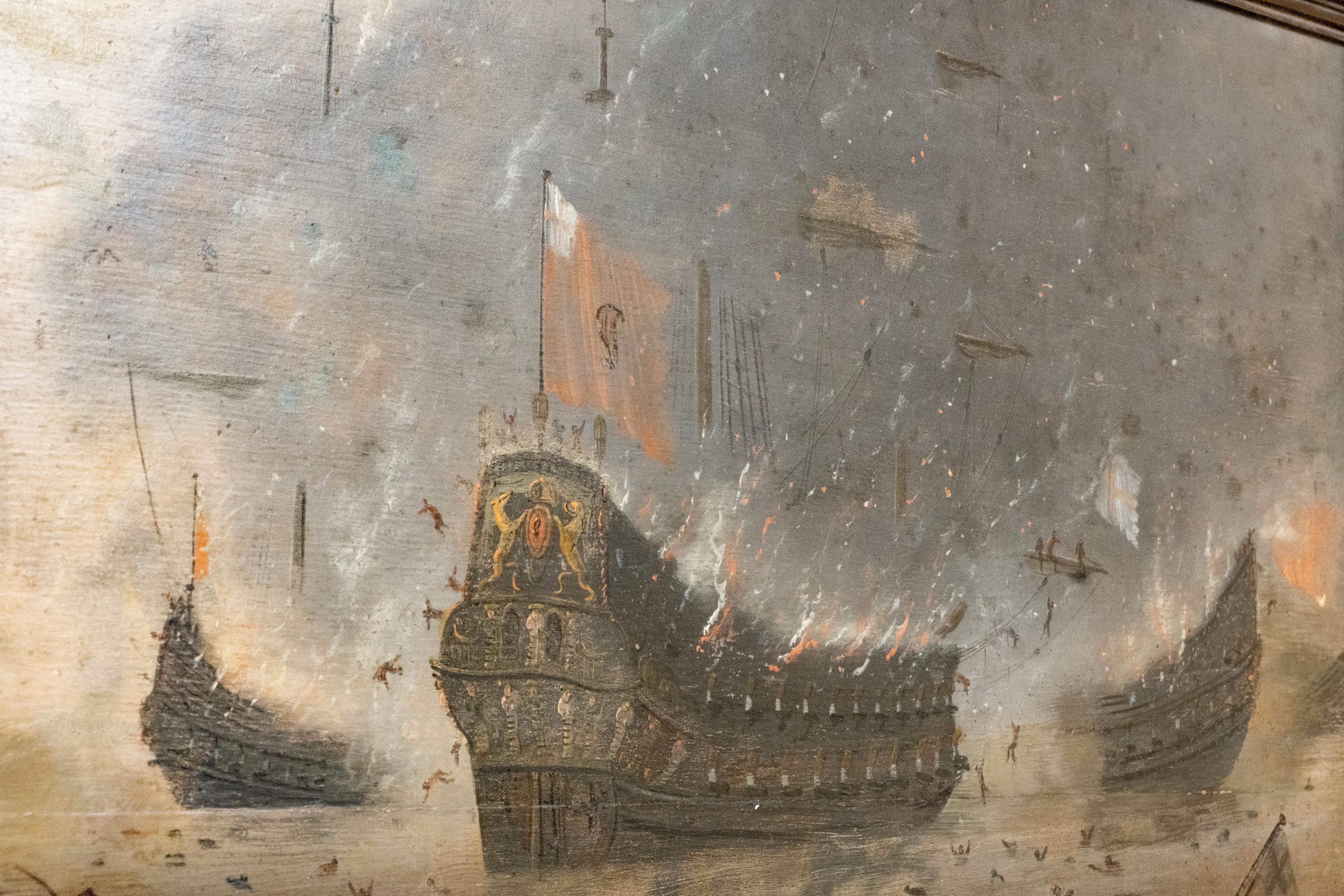 Exceptional and Detailed Maritime Painting 18th C Battle Scene Oil Painting  1