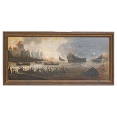 Exceptional and Detailed Maritime Painting 18th C Battle Scene Oil Painting 