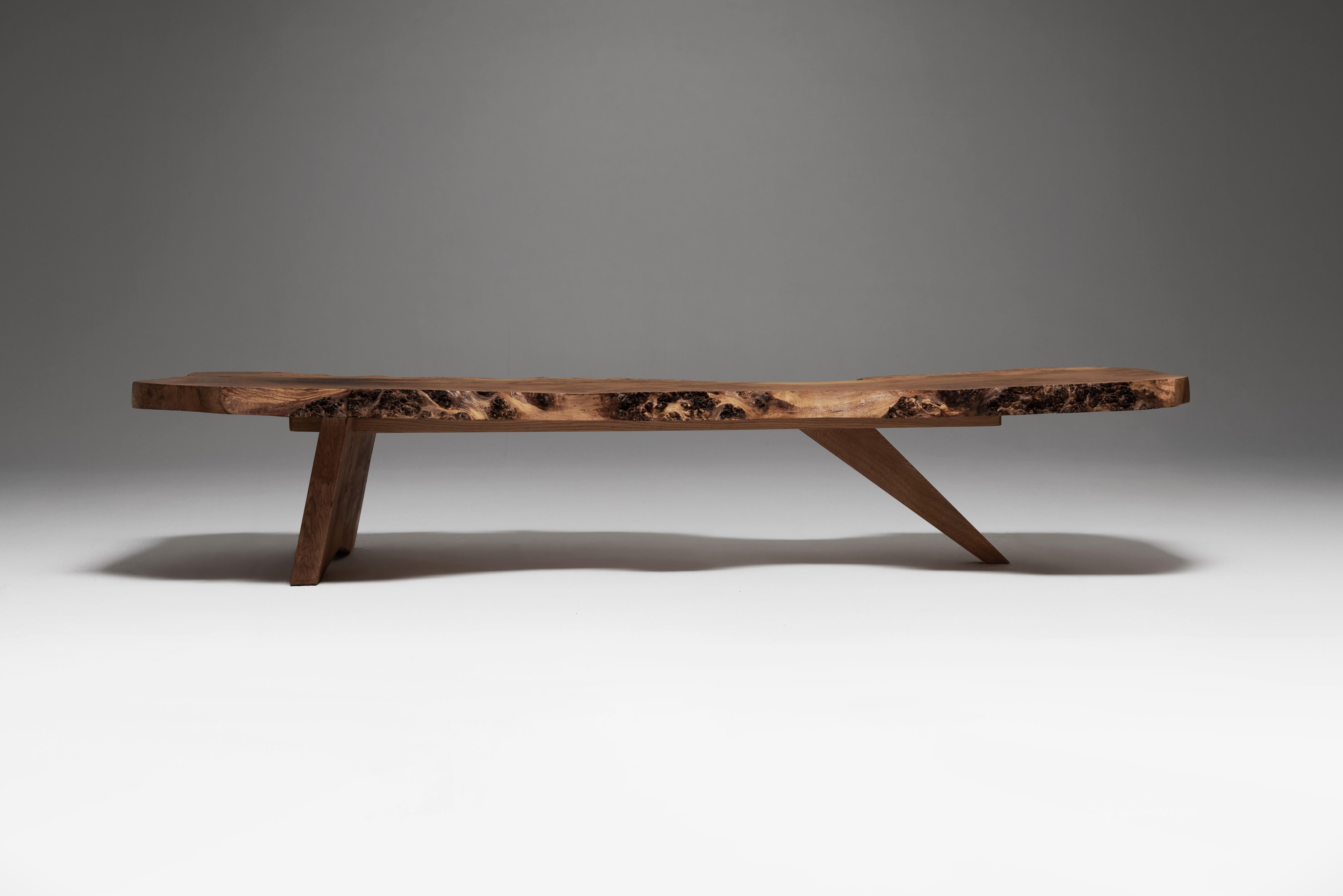 Mid-Century Modern Exceptional And Large Coffee Table,  English Oak Burl, 1970s. For Sale