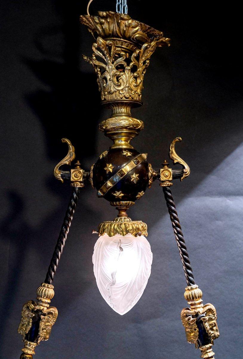 Exceptional and Rare Empire Chandelier Crystal Gilt Bronze and Patinated Brown In Excellent Condition For Sale In CRÉTEIL, FR