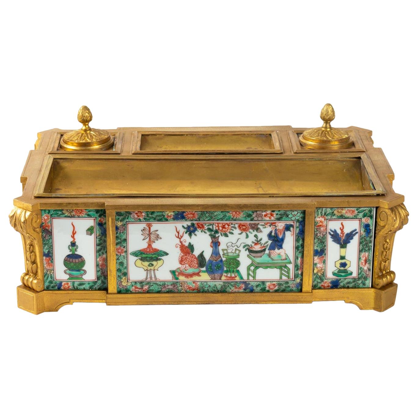 Exceptional and Rare Inkwell, Gilded Bronze, Porcelain Plates, France For Sale