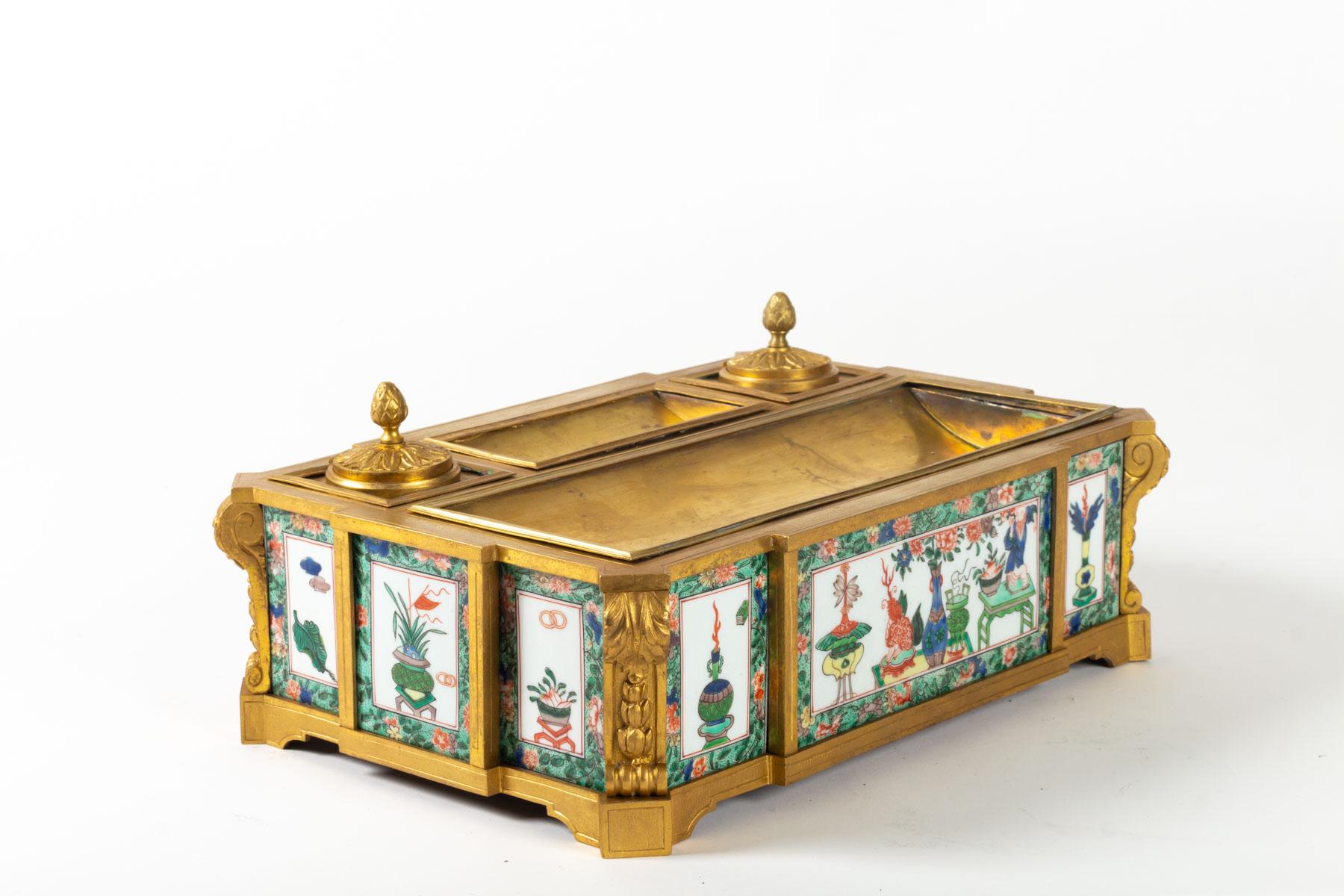 Napoleon III Exceptional and Rare Inkwell, Gilded Bronze, Porcelain Plates, France For Sale