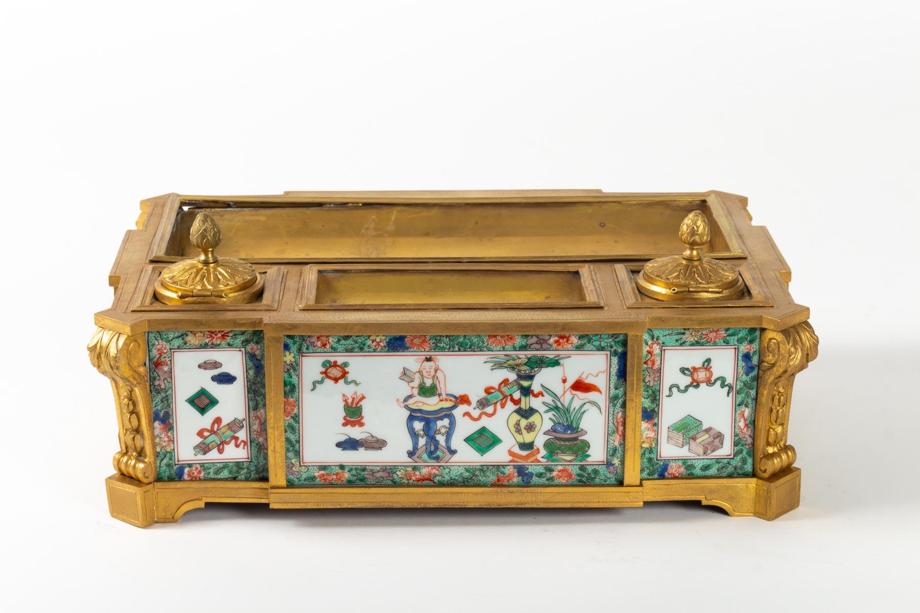 19th Century Exceptional and Rare Inkwell, Gilded Bronze, Porcelain Plates, France For Sale