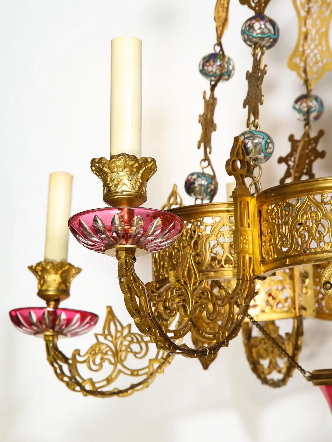 XIXe siècle Exceptionnel et rare lustre islamique en bronze et verre émaillé de l'Alhambra en vente